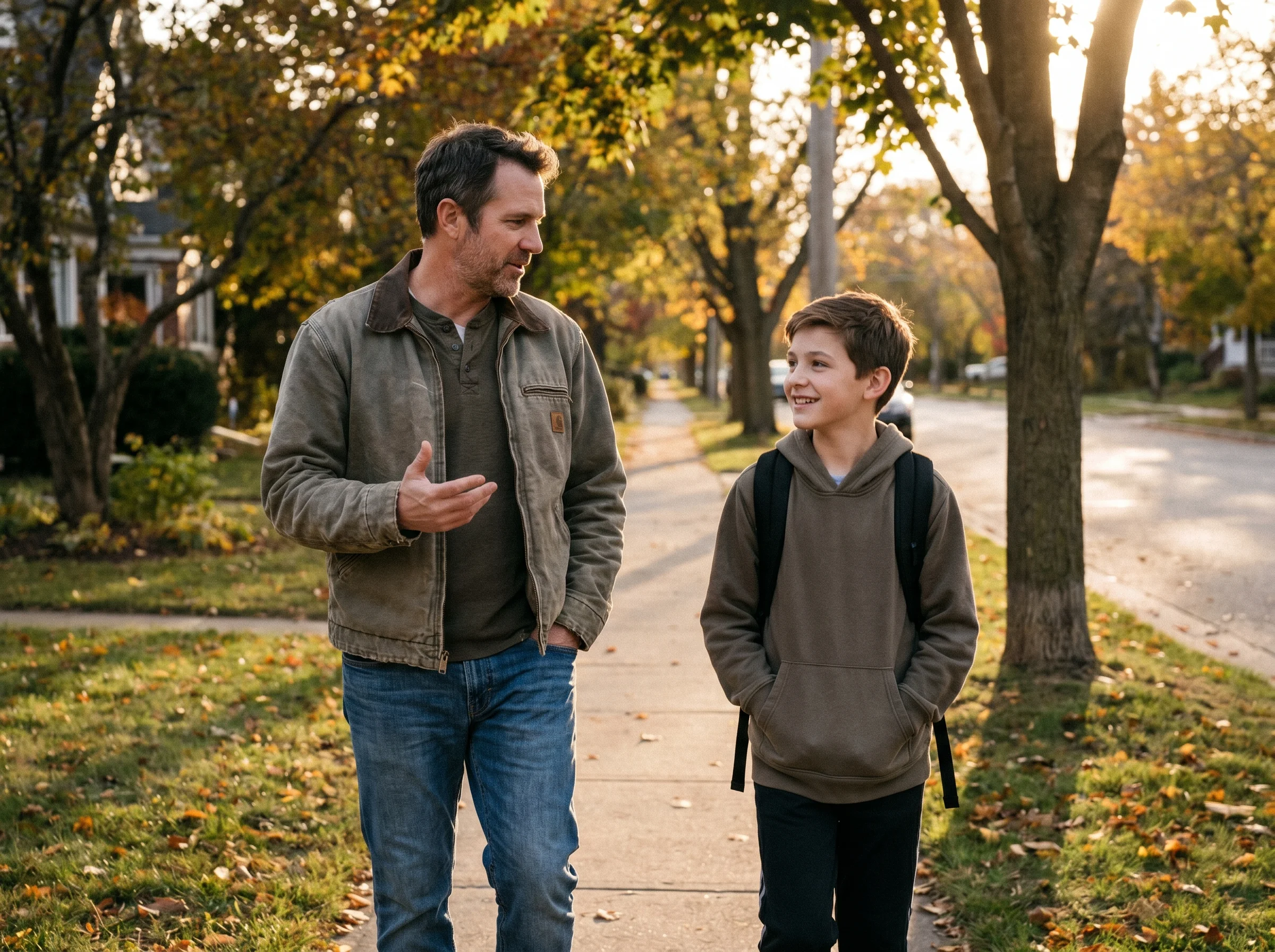 A dad and his pre-teen son walking together outside on a neighborhood sidewalk, talking, no phones visible, late afternoon li