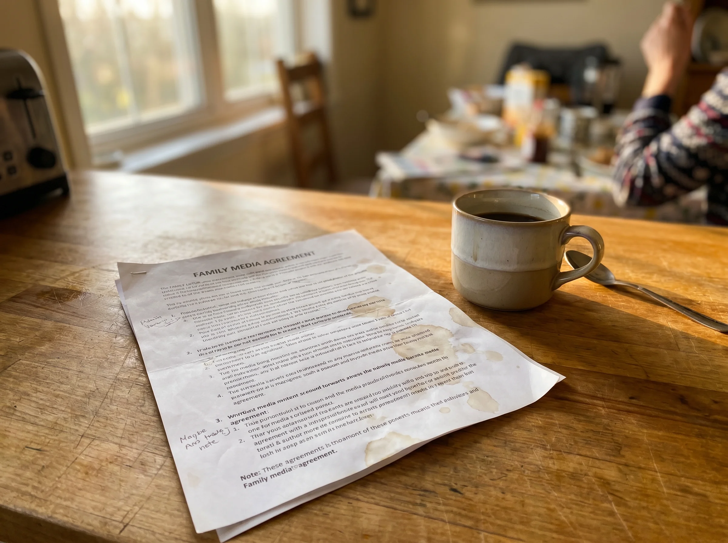 A crumpled printed family media contract sitting on a kitchen counter next to a half-empty coffee mug, morning light, slightl