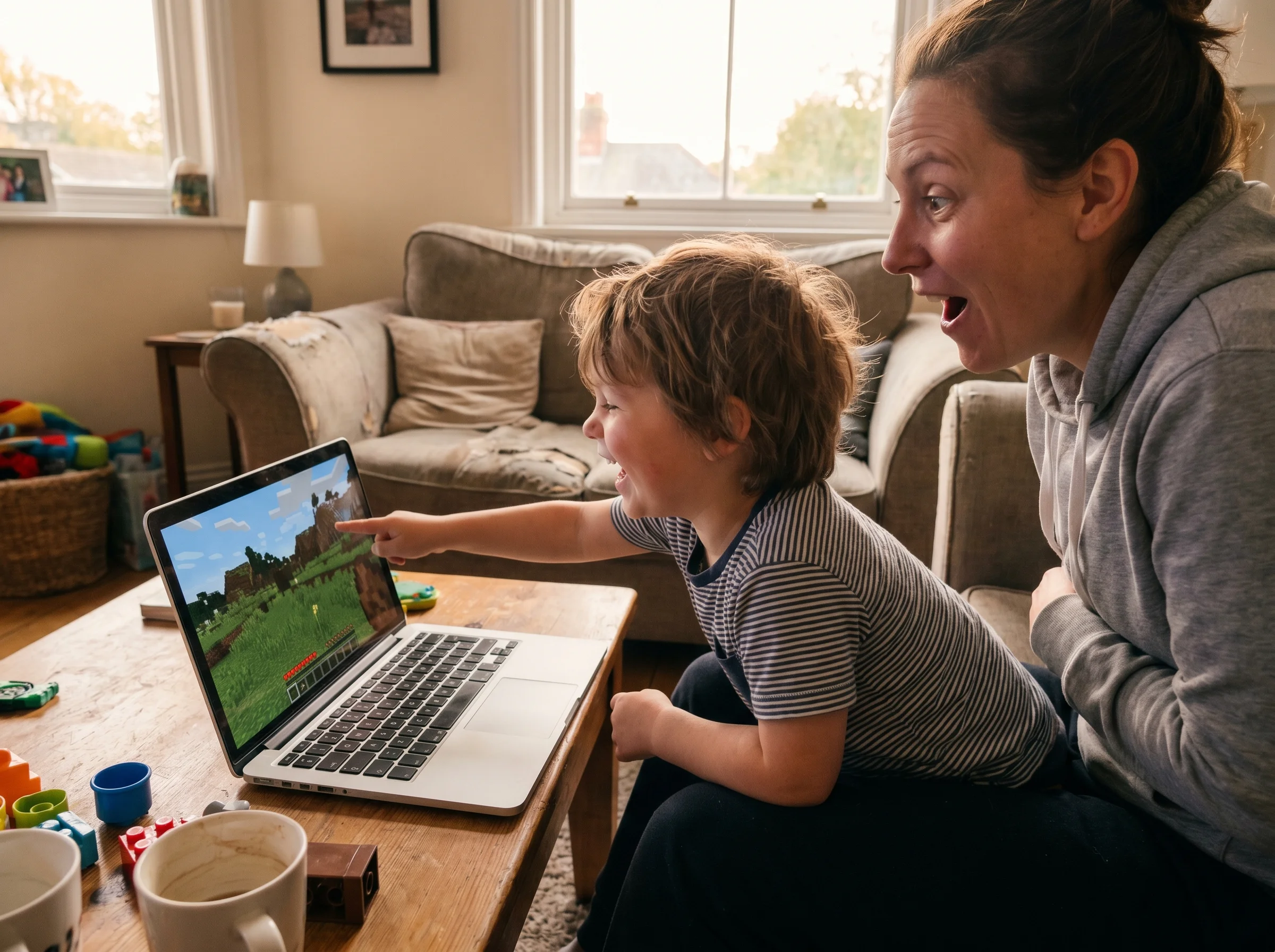 A kid laughing while showing their parent a Minecraft world on a laptop, parent's face lit up with genuine surprise, casual l
