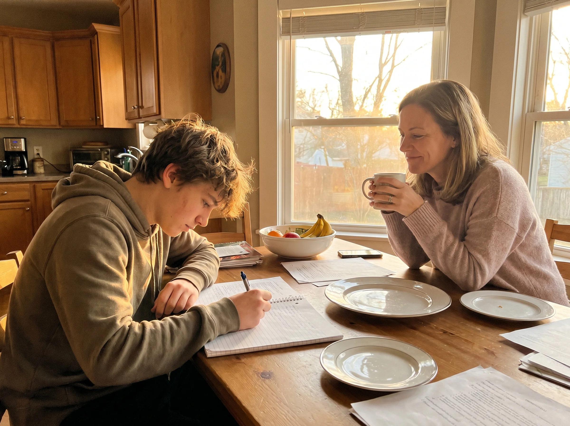 A teenage kid sitting at the kitchen table writing in a notebook with their parent across from them listening, both relaxed, 