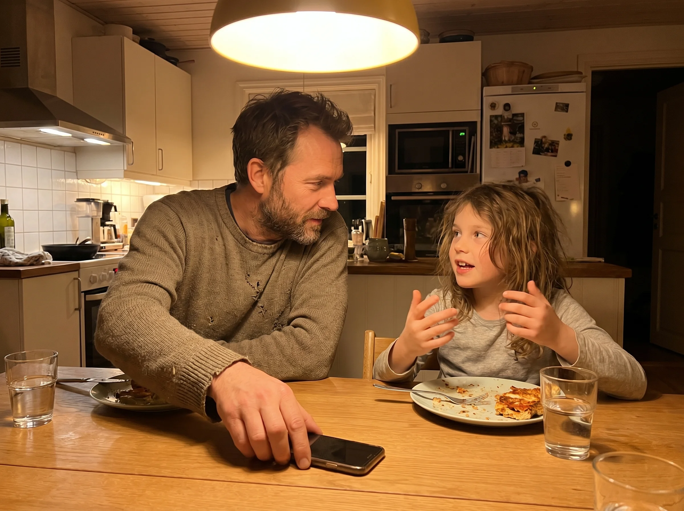 A dad putting his phone face-down on the dinner table while his daughter talks to him, soft kitchen lighting, real moment of 