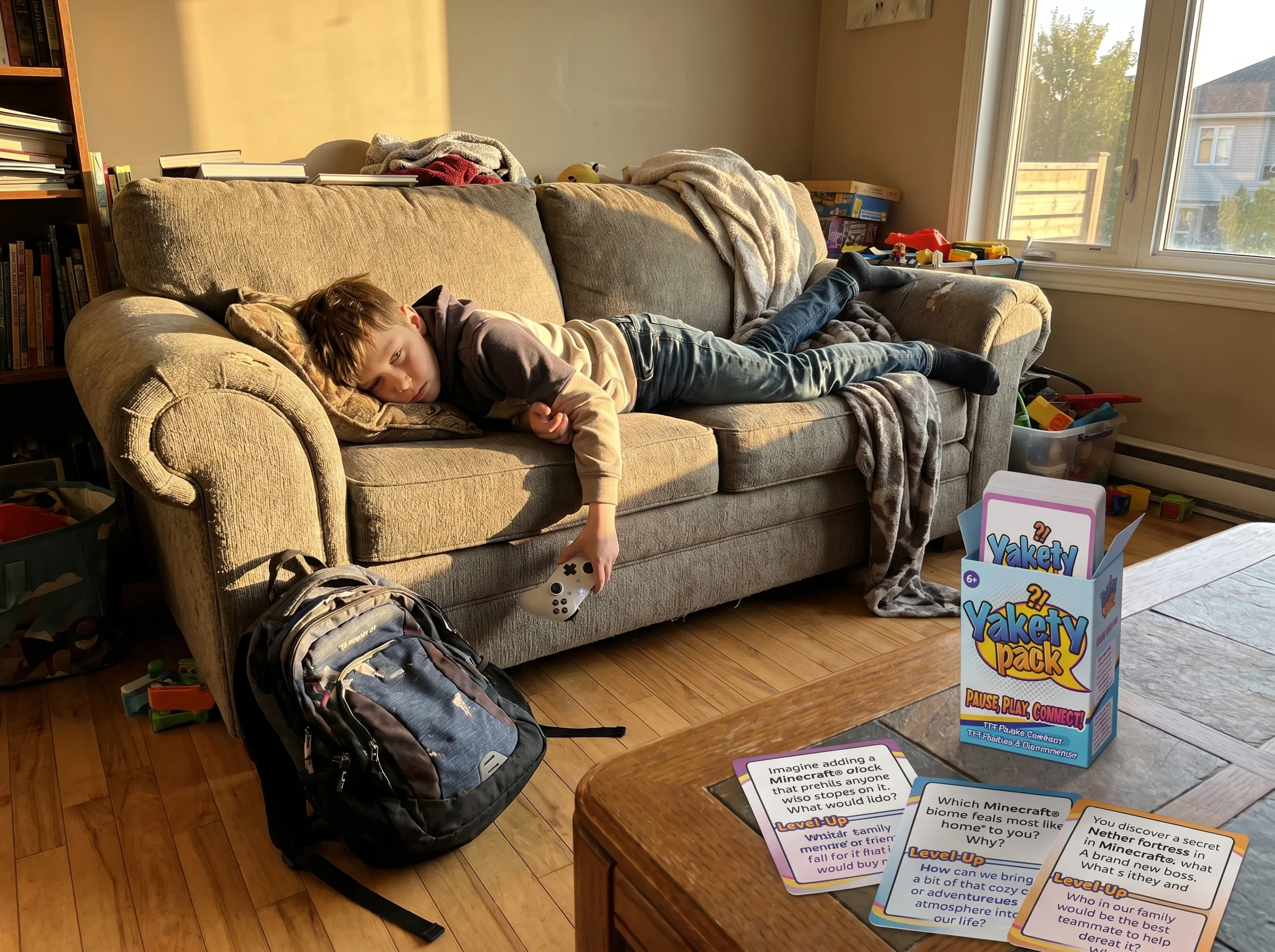A kid sprawled on the couch with a controller in hand after school, backpack still on the floor, late afternoon light, lookin