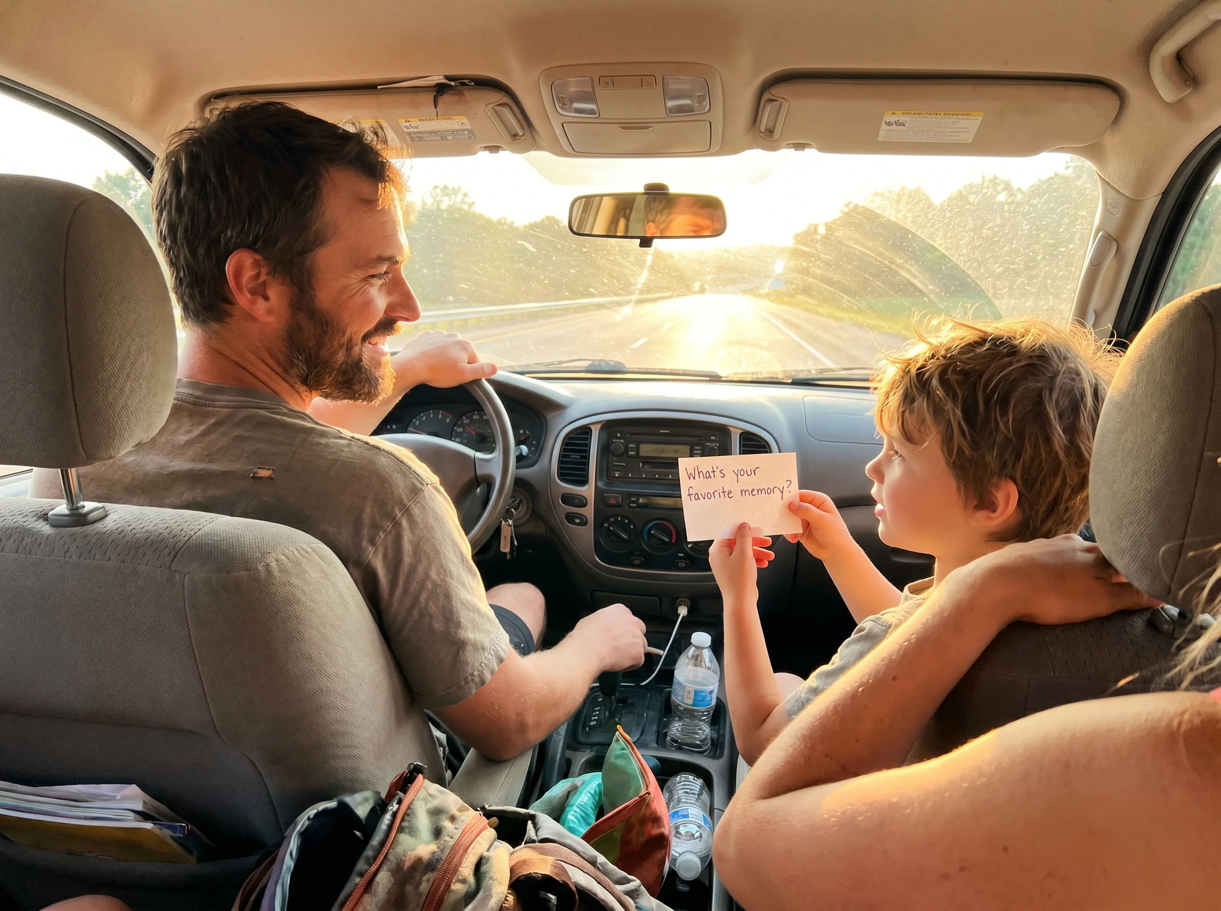 A family driving in the car together, kid in the passenger seat holding a conversation card, dad smiling at the road, golden 
