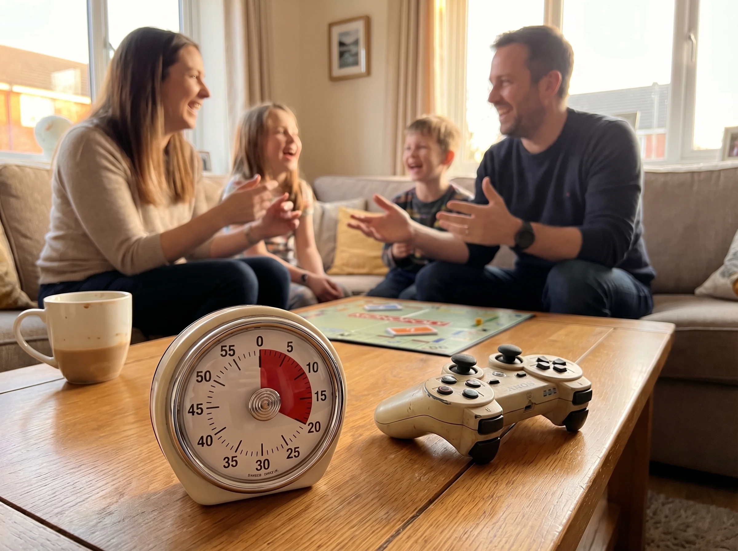 A kitchen timer sitting next to game controllers on a coffee table, showing about 25 minutes remaining, with a family game se