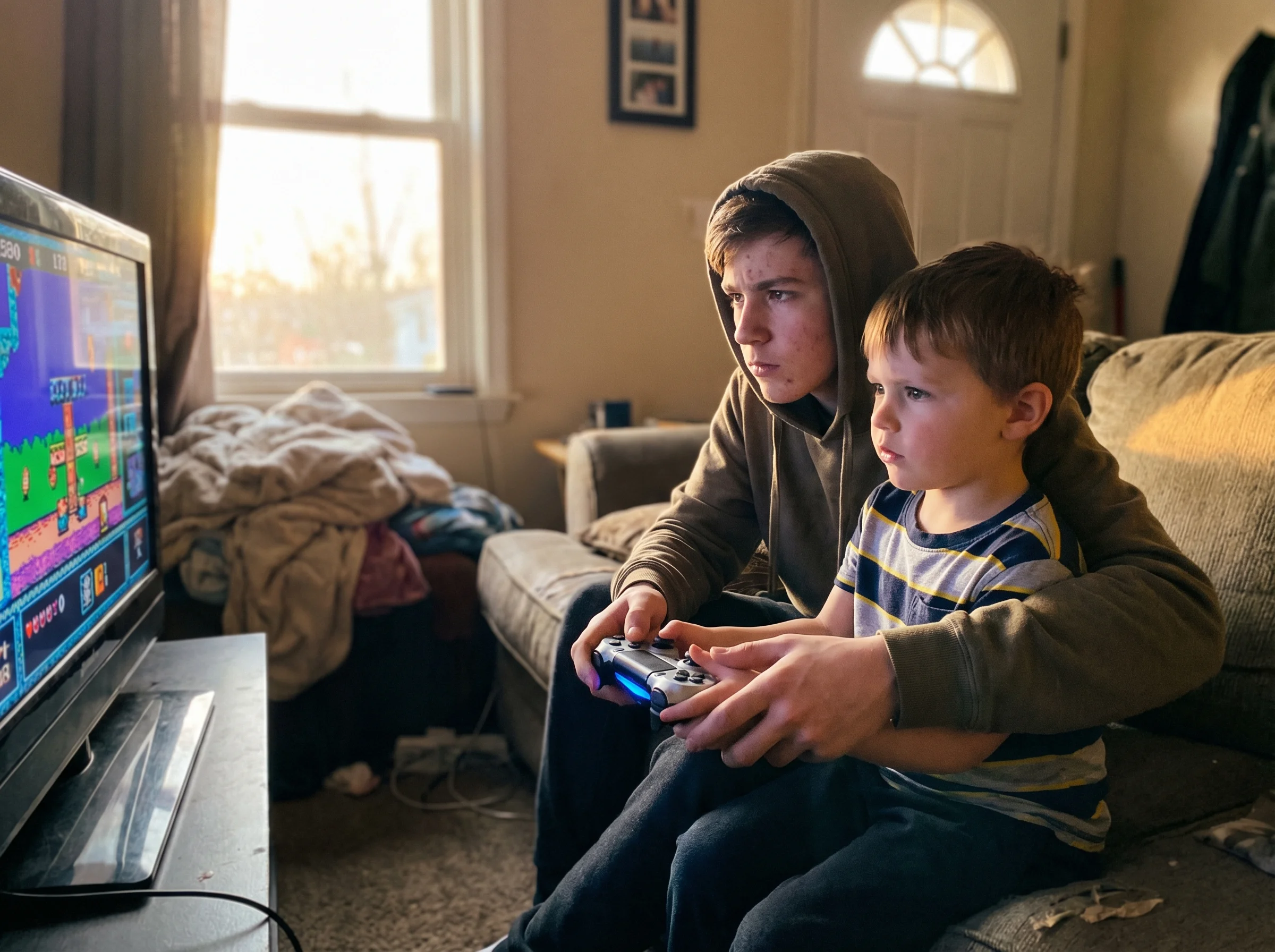 Two siblings sharing a game controller, the older one guiding the younger one's hands, both focused on the screen with determ