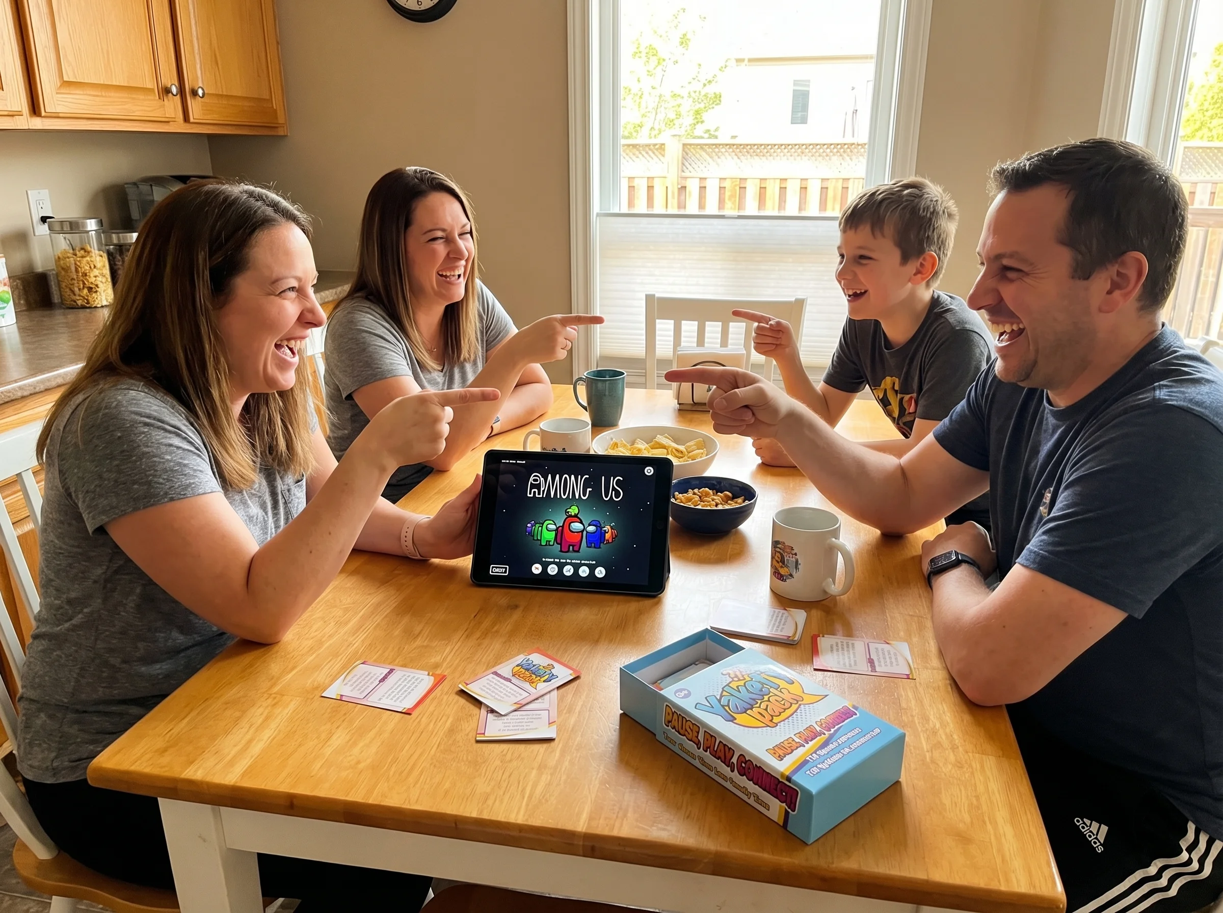 A family gathered around a tablet playing Among Us, everyone pointing at each other accusingly while laughing, casual kitchen