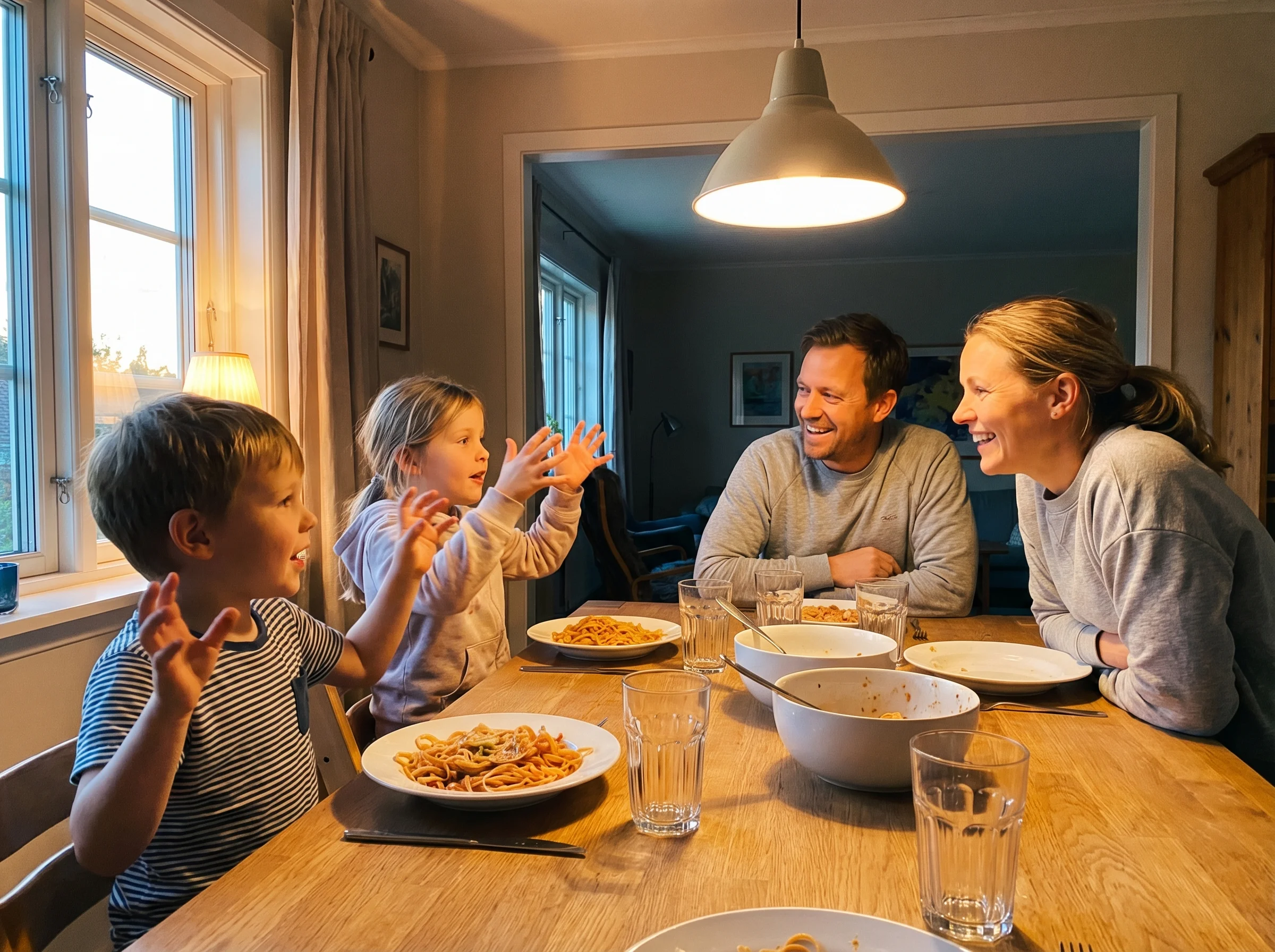 A family at the dinner table, kids animatedly using their hands to explain something while parents listen and smile, warm eve