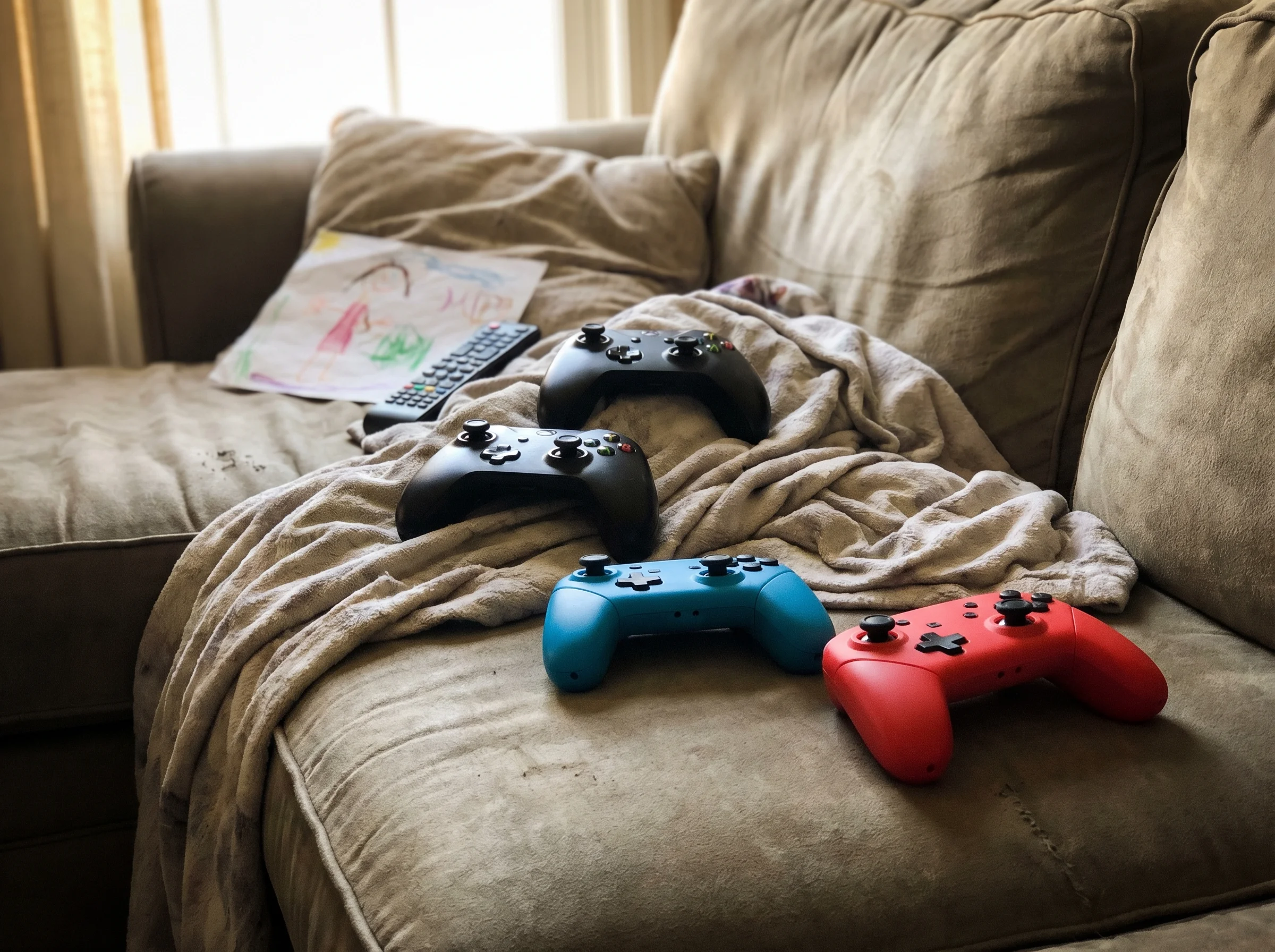 Game controllers of different sizes laid out on a couch - adult and kid-sized controllers side by side, suggesting family gam