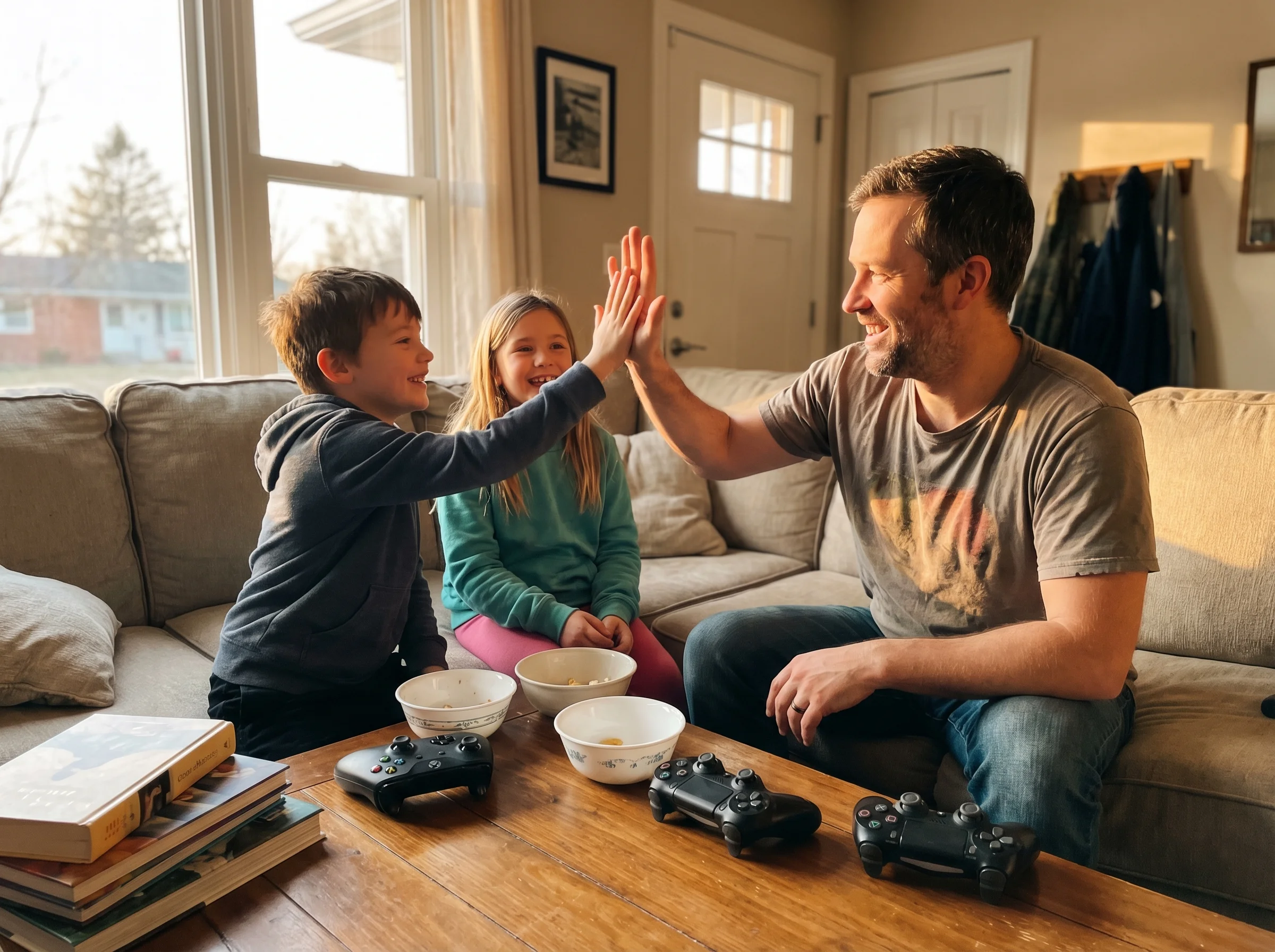 A dad high-fiving his kids after a game, controllers set down on the table, everyone looking satisfied and happy, natural liv