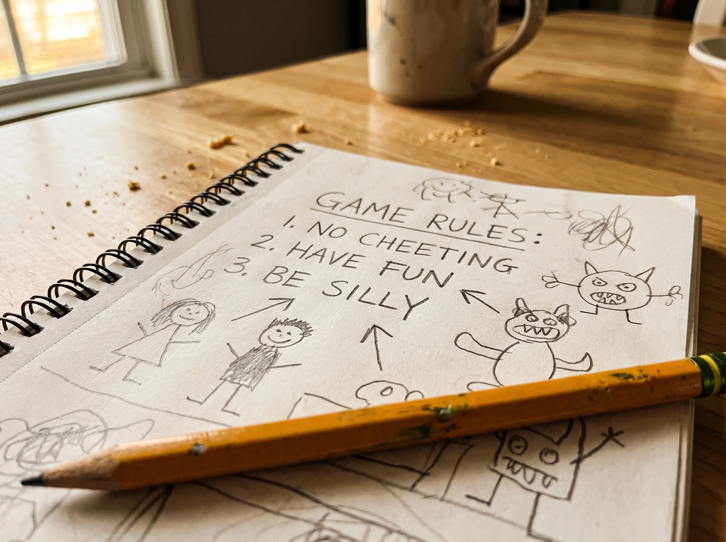 Close up of a handwritten notebook page with kid-style scribbled game rules and doodles, pencil resting on the page, kitchen 