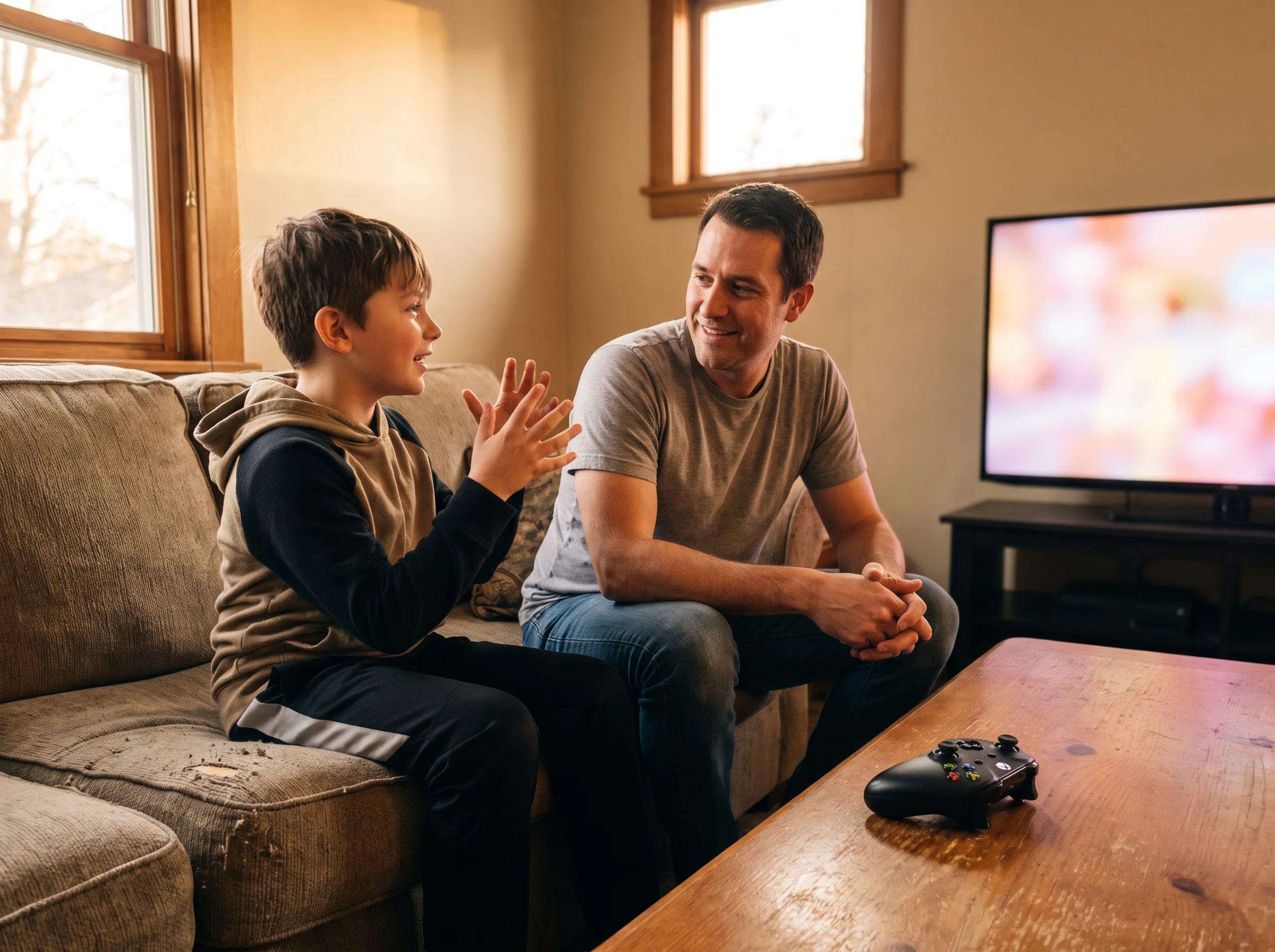 Preteen boy talking with hands while dad listens on couch, controller set down on the coffee table, TV glowing softly in back