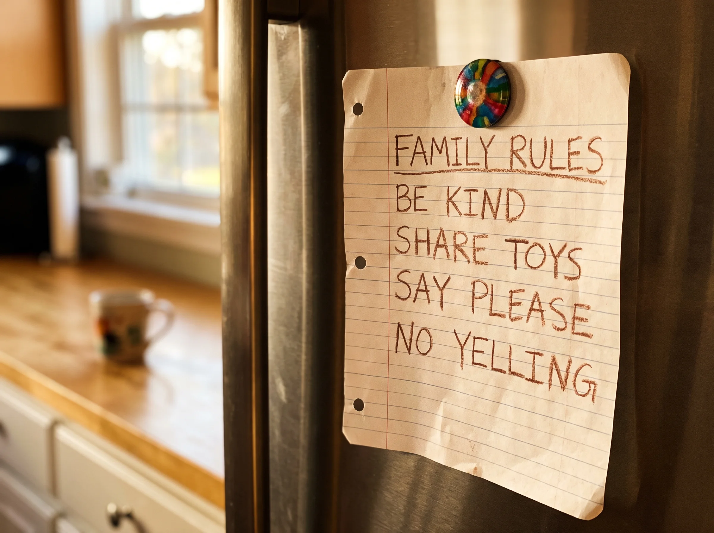Family rules handwritten on lined paper stuck to a fridge with a magnet, kid's handwriting visible, kitchen in soft backgroun