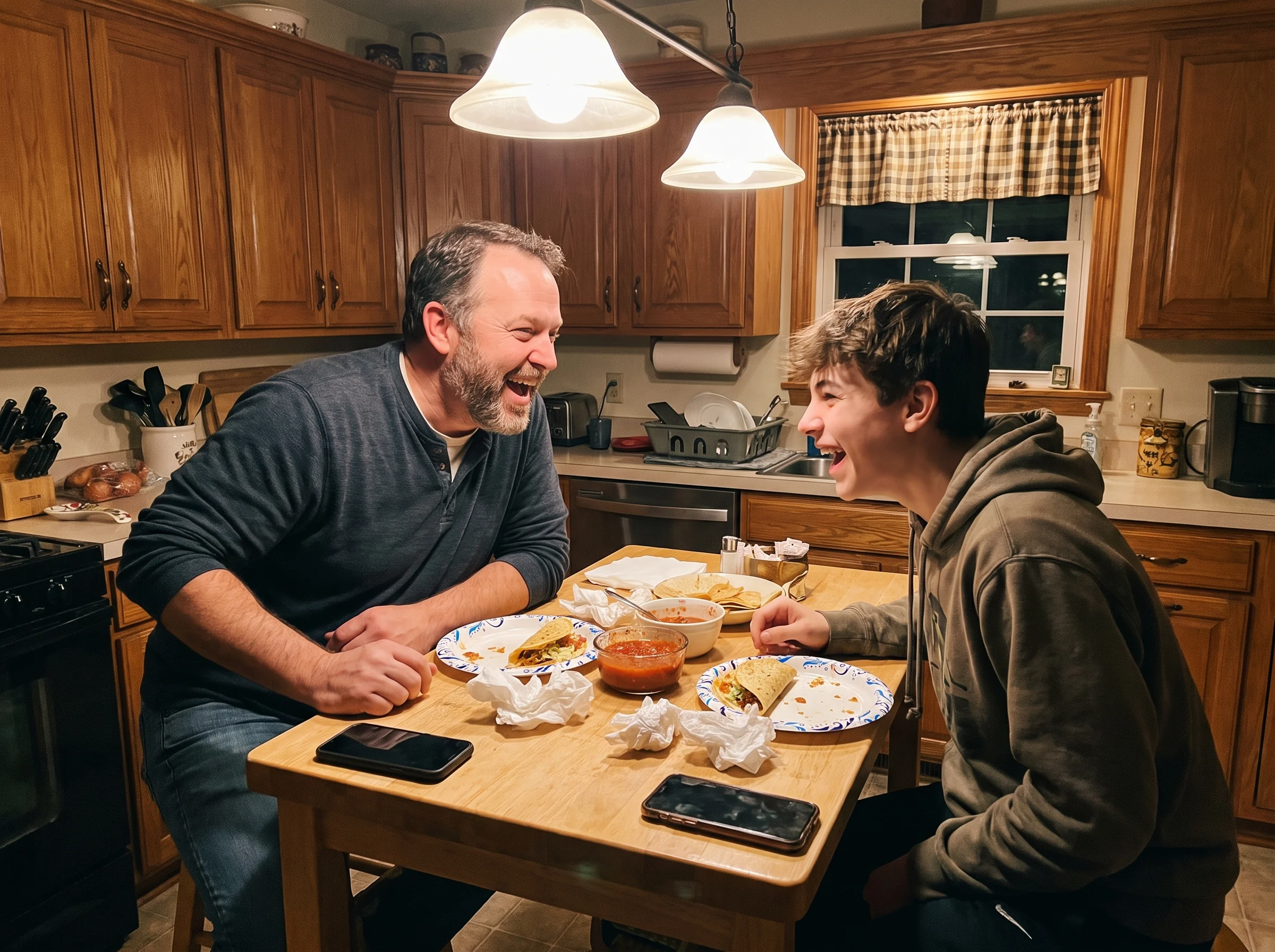 Dad and teenage son eating tacos at a small kitchen table, both mid-laugh, plates messy, phones face down, warm overhead ligh