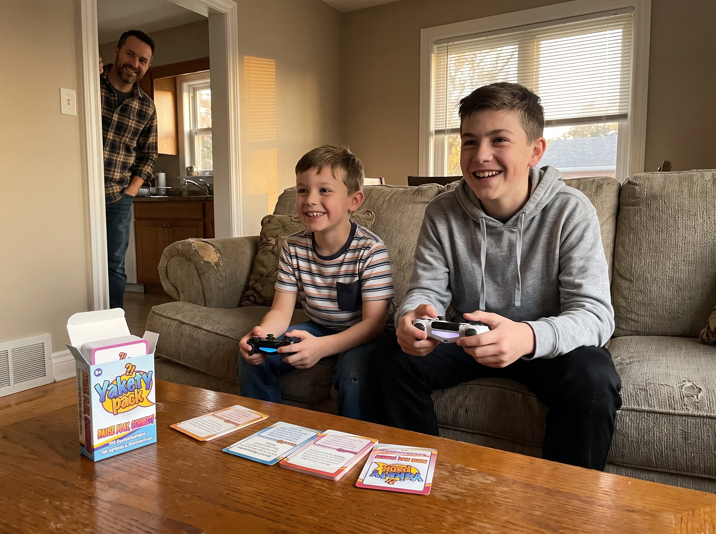Younger brother and older brother side by side on couch playing co-op game, both grinning, controllers in hand, dad peeking i