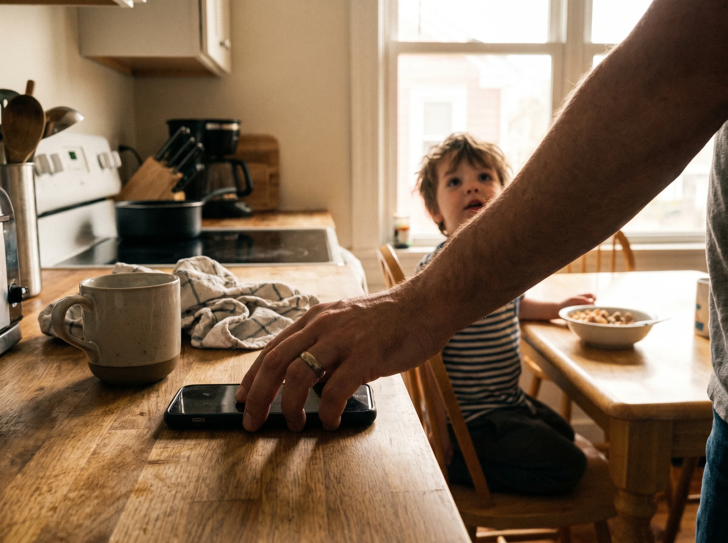 A parent's hand placing a phone face-down on the kitchen counter, a kid in the background at the table looking up, soft morni