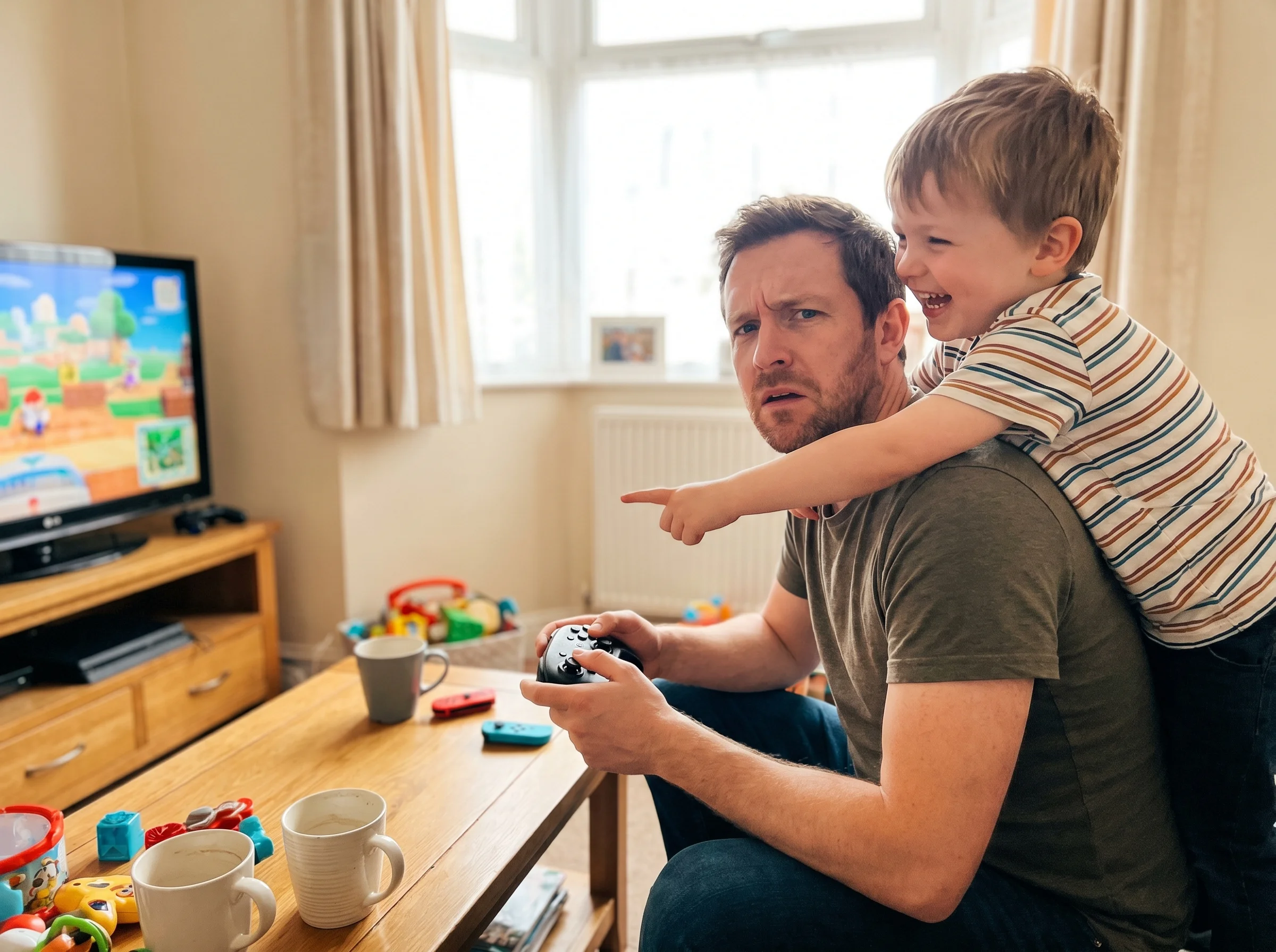 A dad and his son on the couch, dad holding a Nintendo Switch controller looking confused, son leaning over pointing at the s