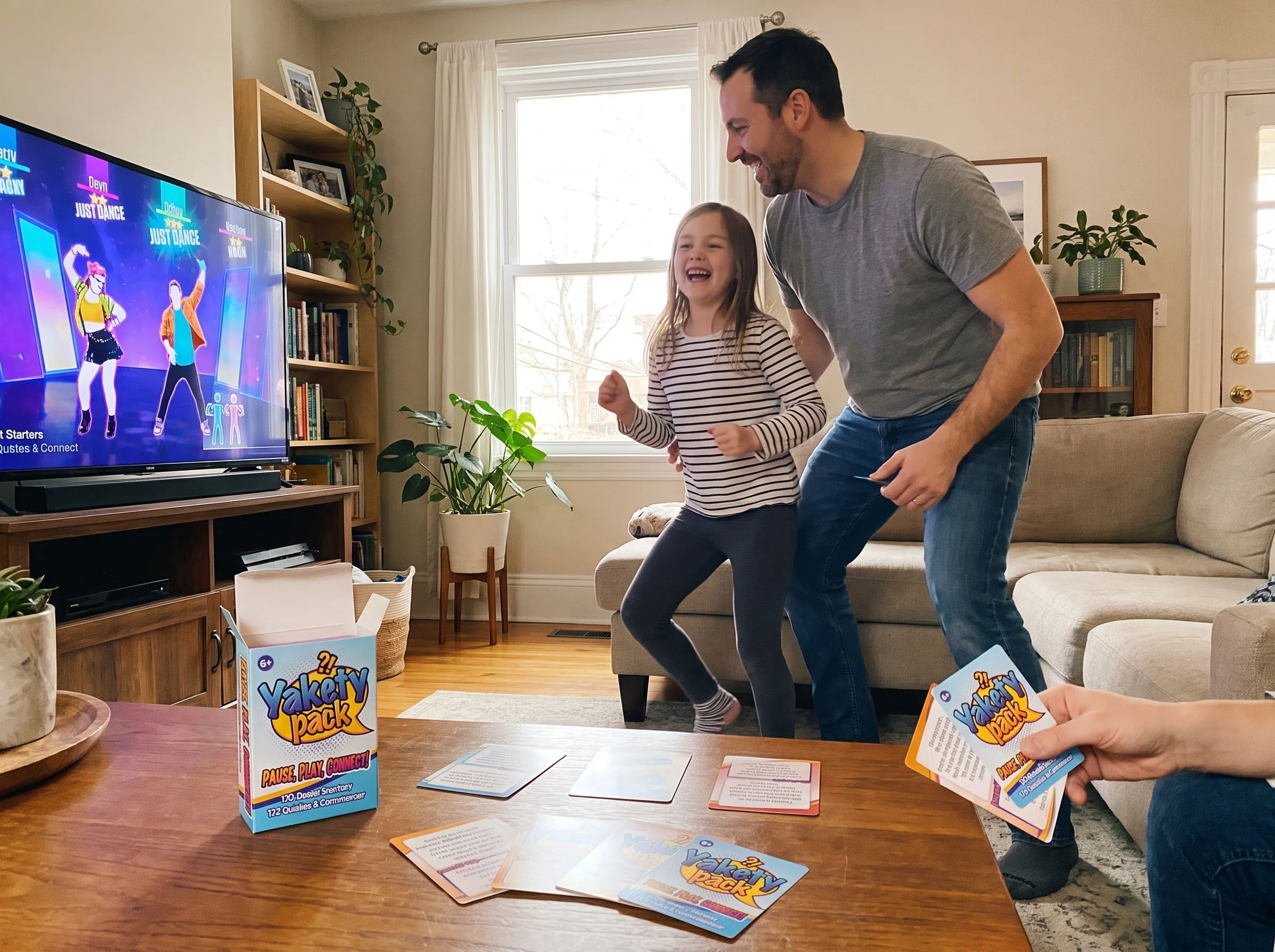 A father and daughter standing in the living room mid-dance move in front of a TV playing Just Dance, both slightly out of sy