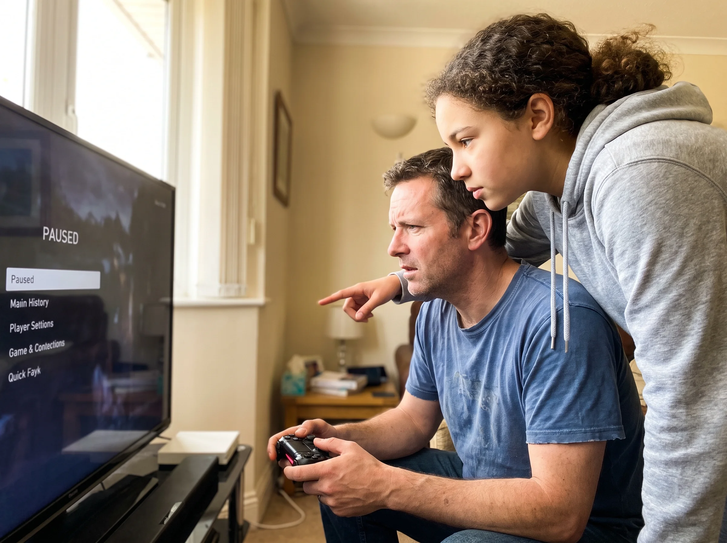 A daughter leaning over her dad's shoulder pointing at the TV screen, dad holding the controller with a slightly confused loo