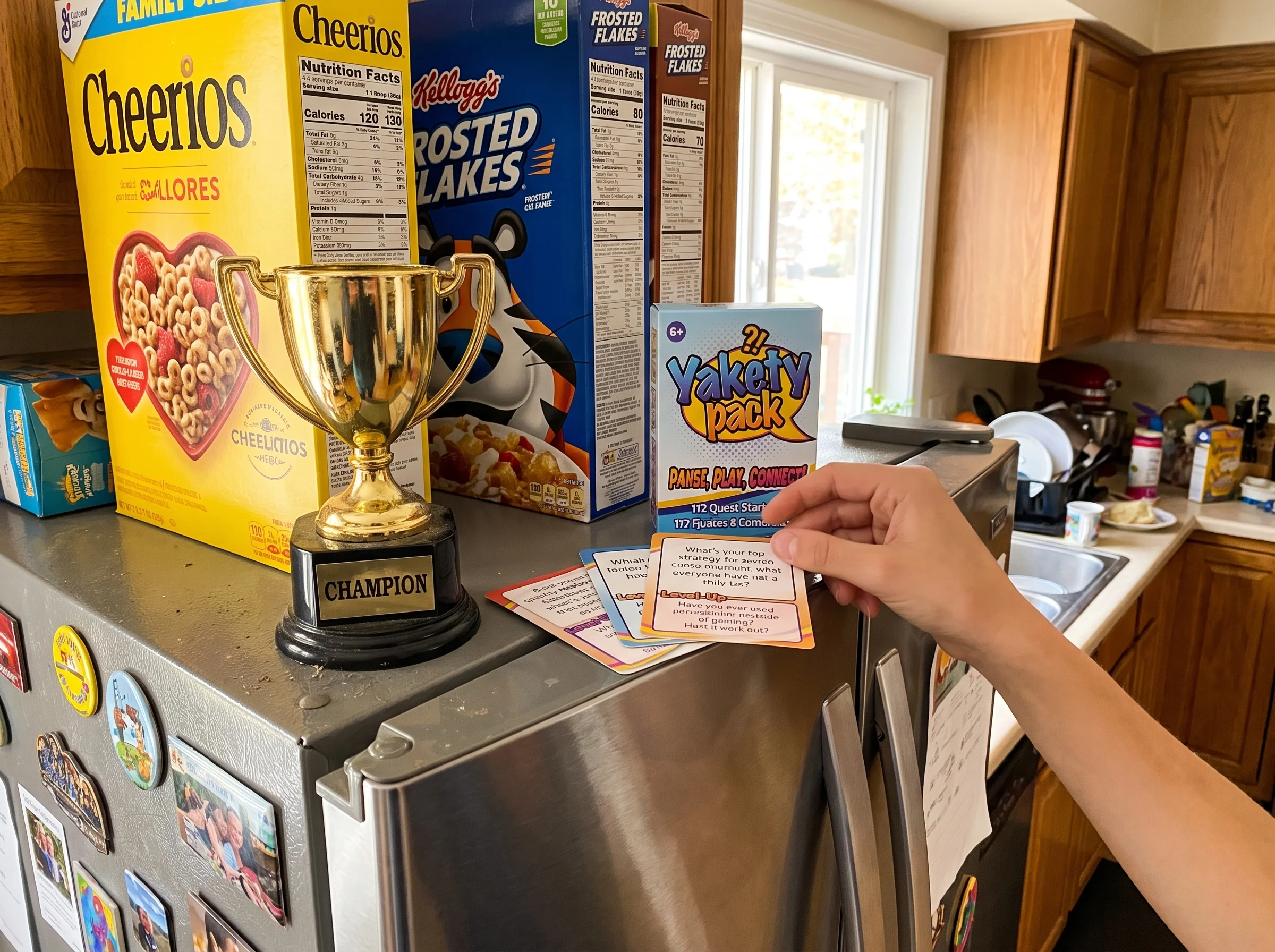 A cheap gold plastic trophy sitting on top of a fridge next to cereal boxes, "CHAMPION" printed on the base, slightly dusty a