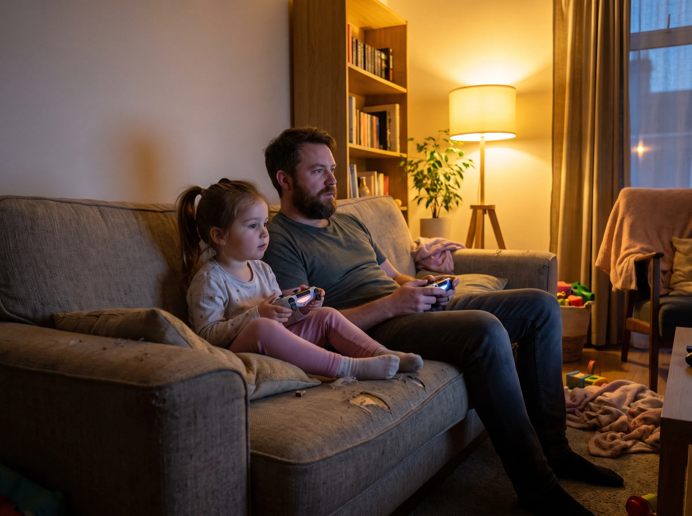 A dad and daughter sitting side by side on the couch at dusk, controllers in hand, both looking at the TV with soft lamp ligh