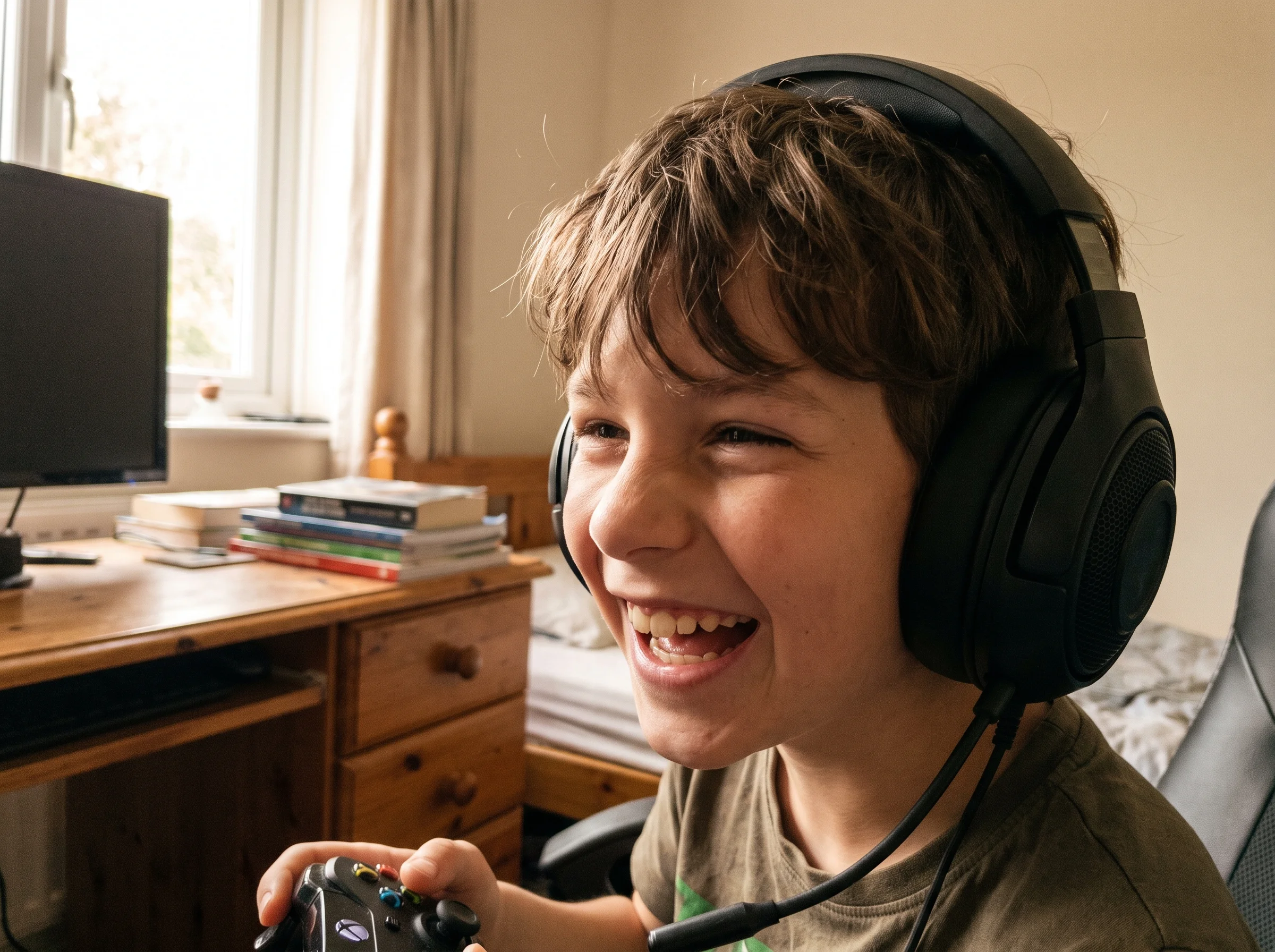 Close-up of a 10 year old boy mid-laugh while gaming with a headset on, soft window light, candid bedroom scene