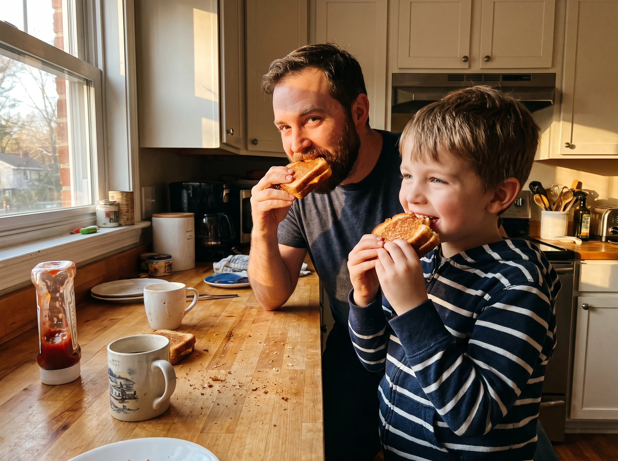 A father and son sitting at the kitchen counter eating grilled cheese sandwiches together, warm late afternoon light, real mo