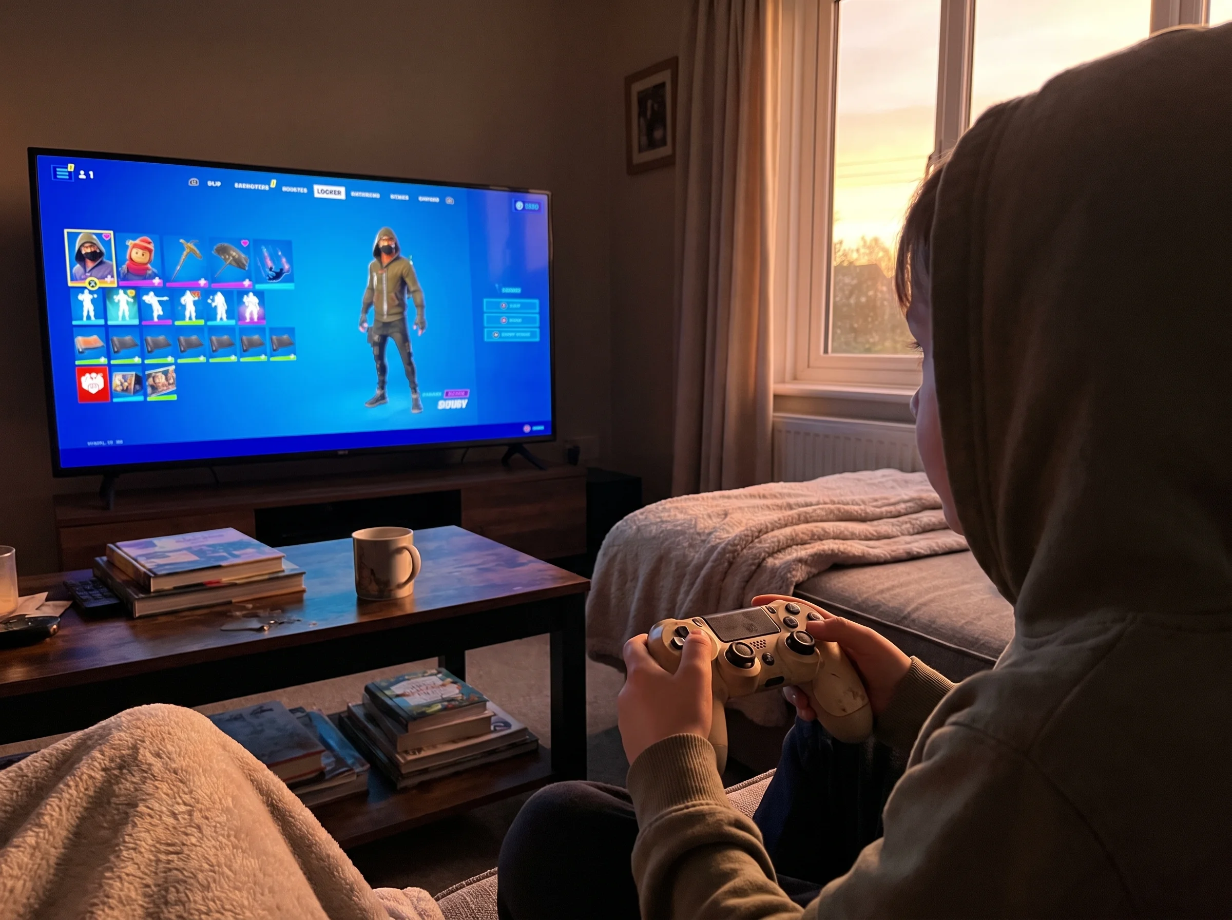Over the shoulder view of a kid scrolling through the Fortnite locker screen on a TV, hands holding a controller, evening lig
