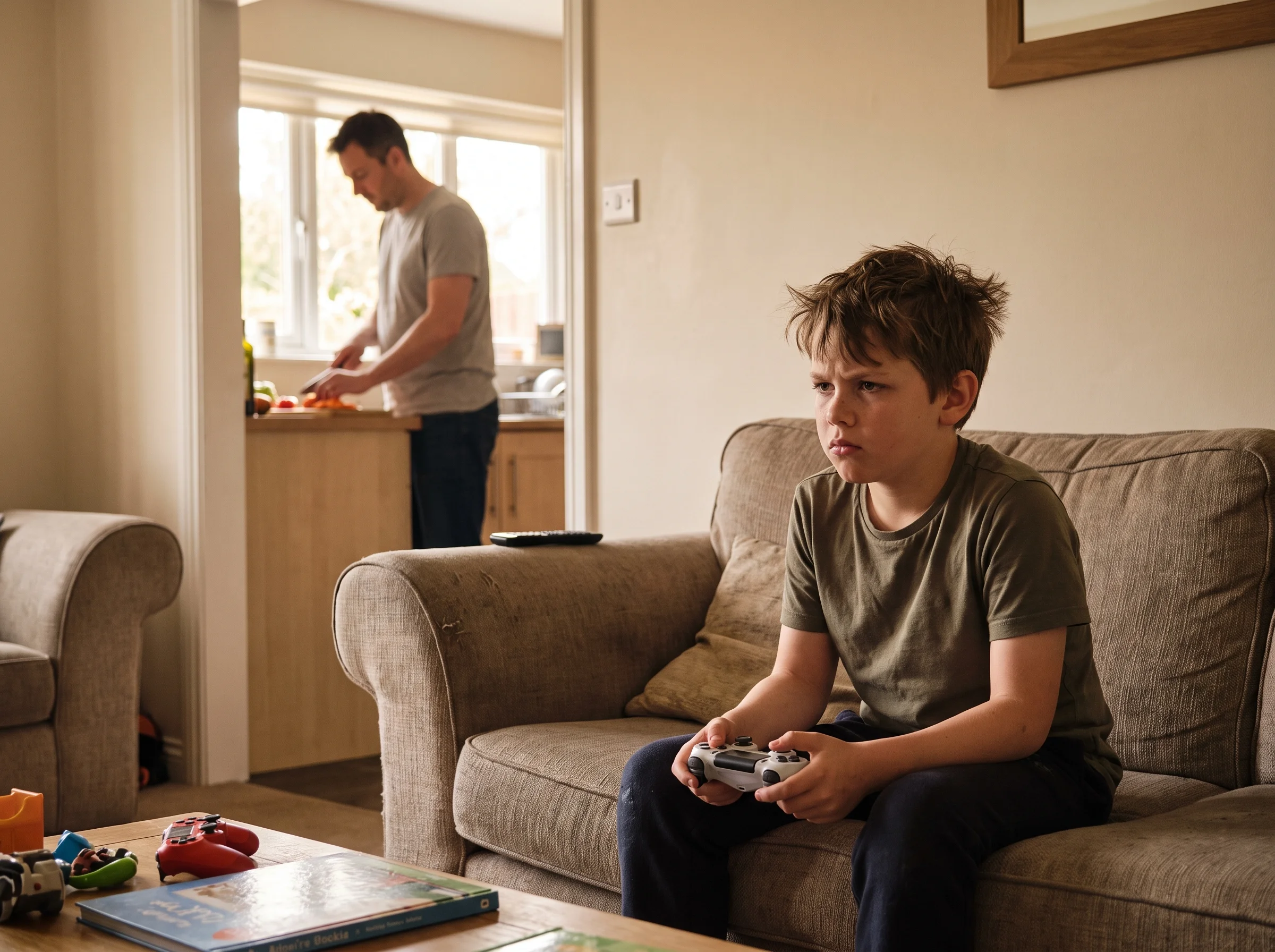 A 10 year old boy looking frustrated with a controller in his lap on a couch, dad in the background quietly making food in th