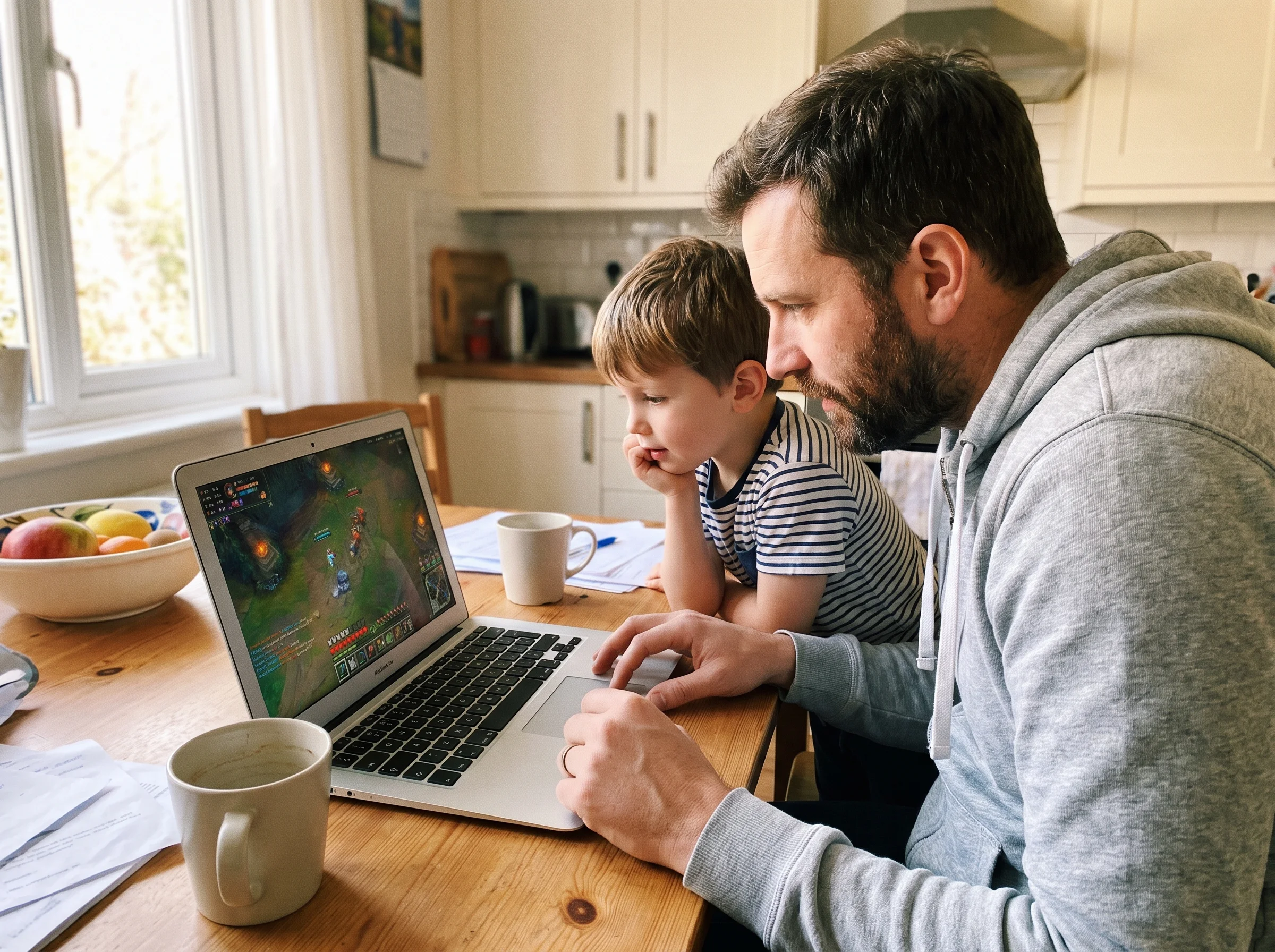 Dad and son watching gaming content together on a laptop at the kitchen table, both leaning in, casual afternoon vibe