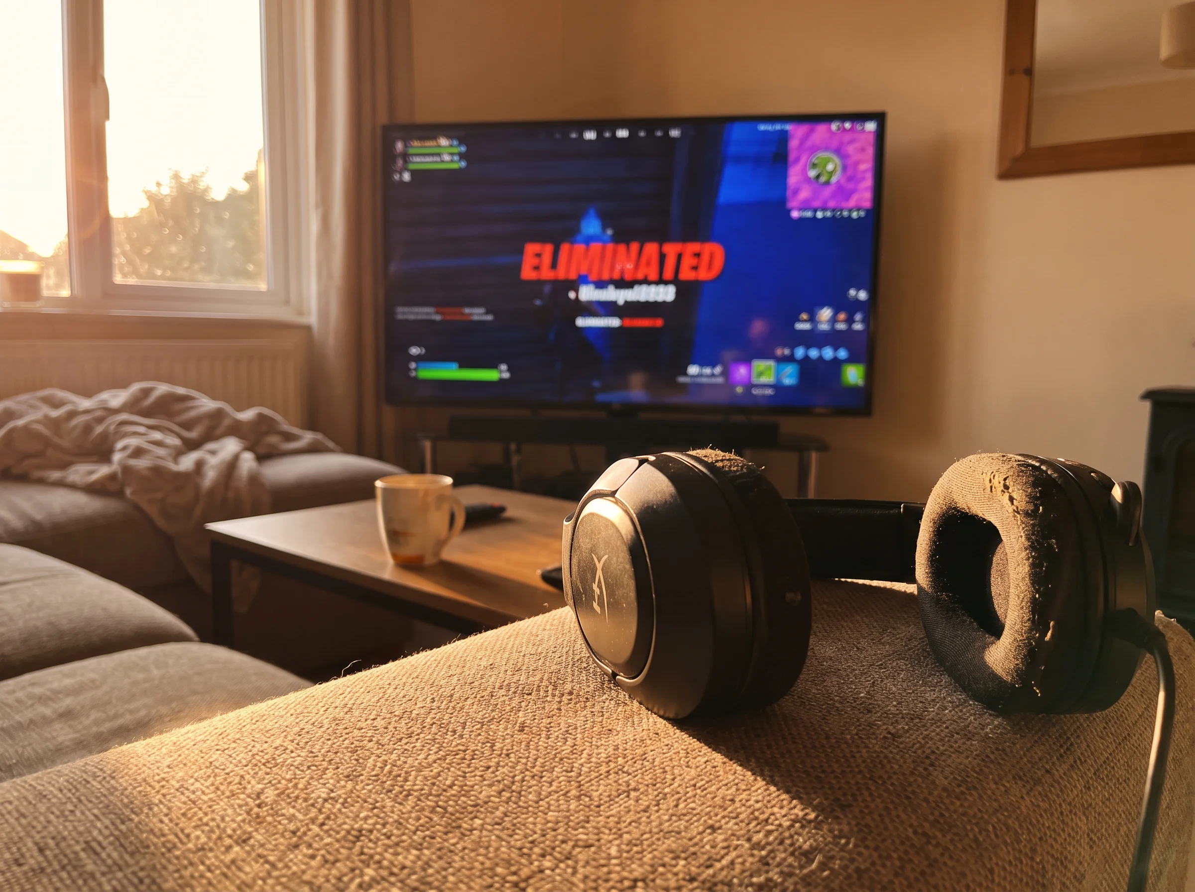 Close-up of a Fortnite match on a TV screen with the "ELIMINATED" text visible, headset resting on the couch in the foregroun