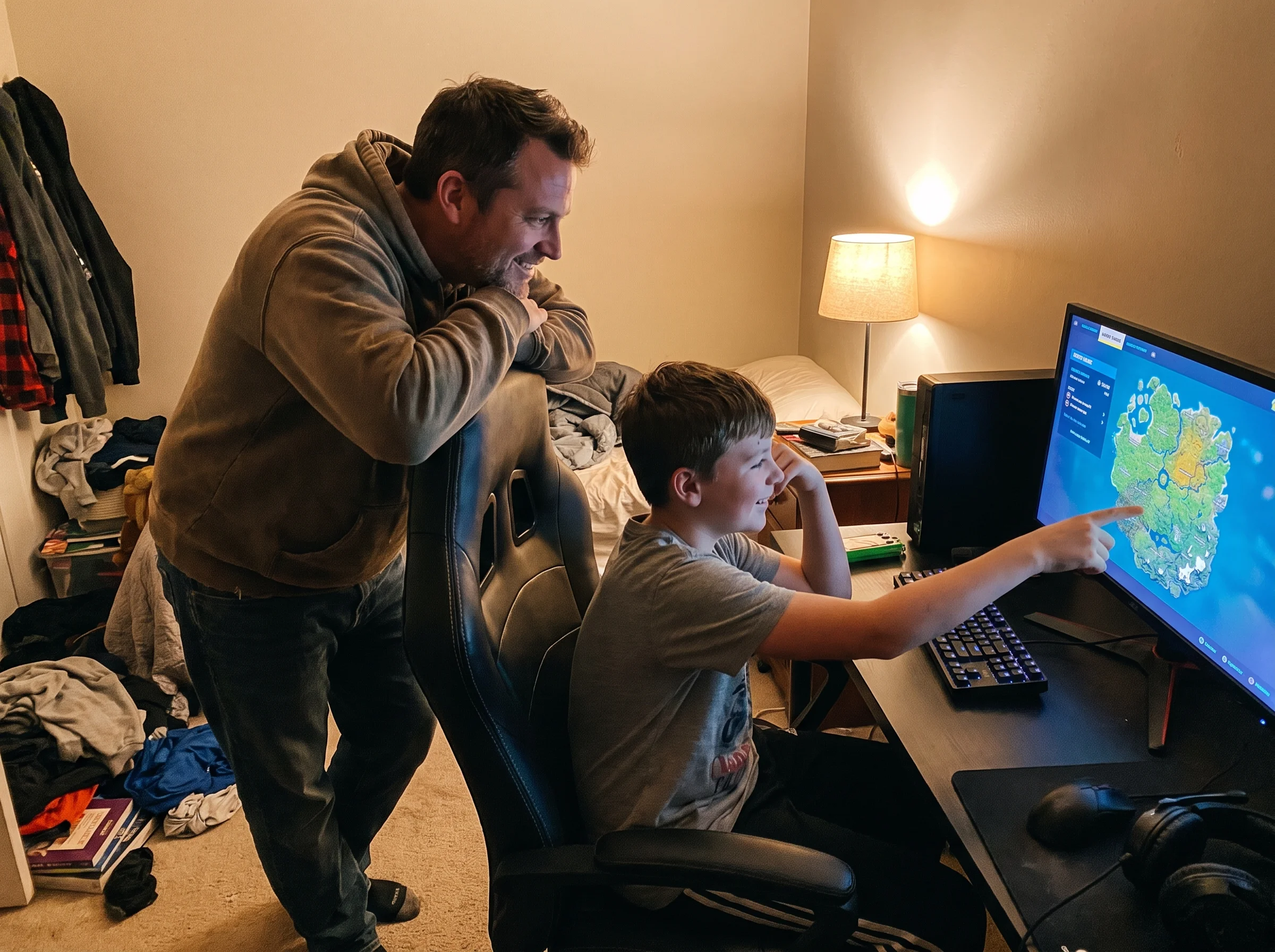 A dad leaning over the back of his son's gaming chair watching the Fortnite map screen, casual posture, both relaxed, soft la