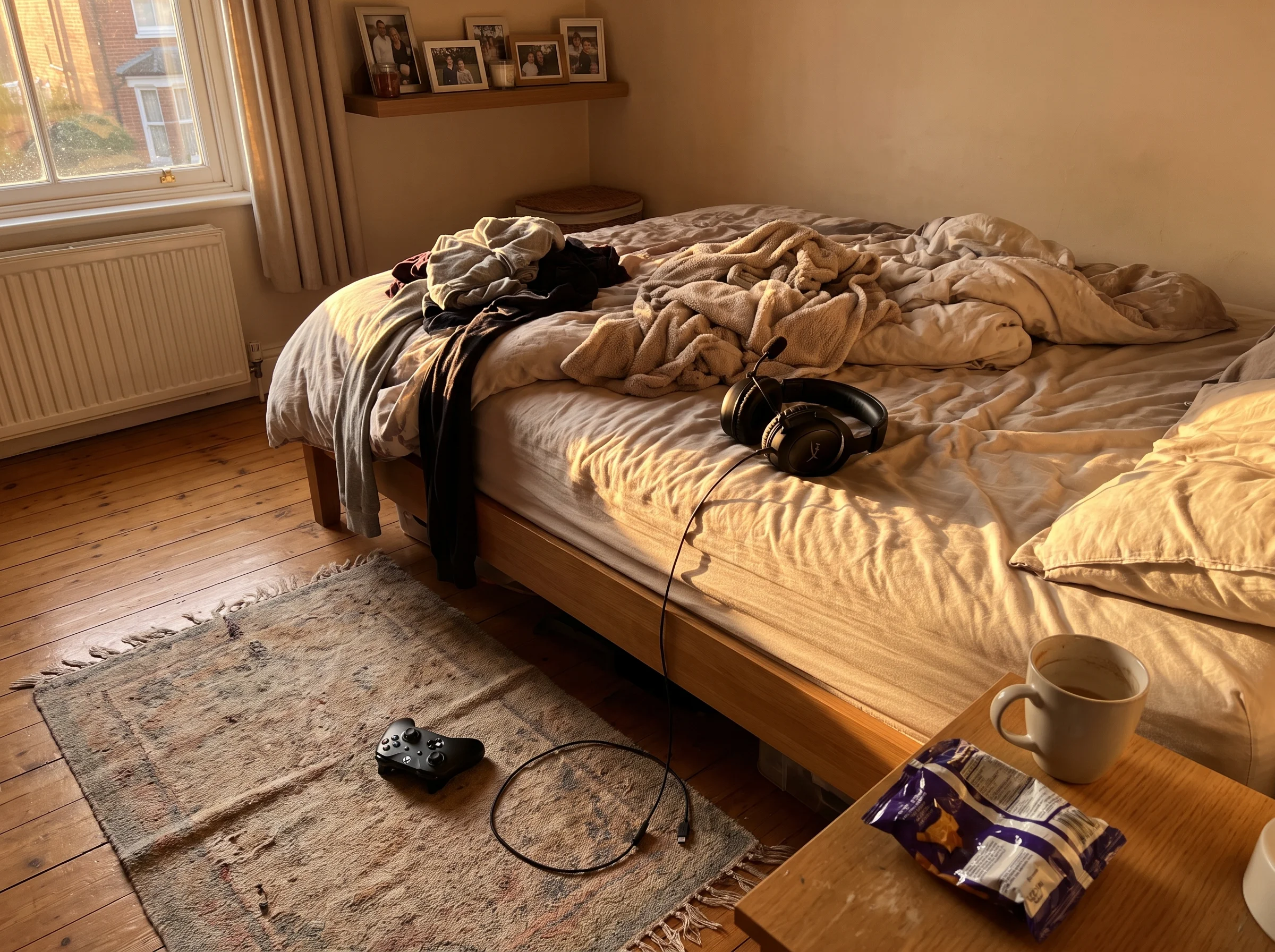 A headset resting on a messy bed, controller on the floor beside it, late afternoon light through a window, the aftermath of 