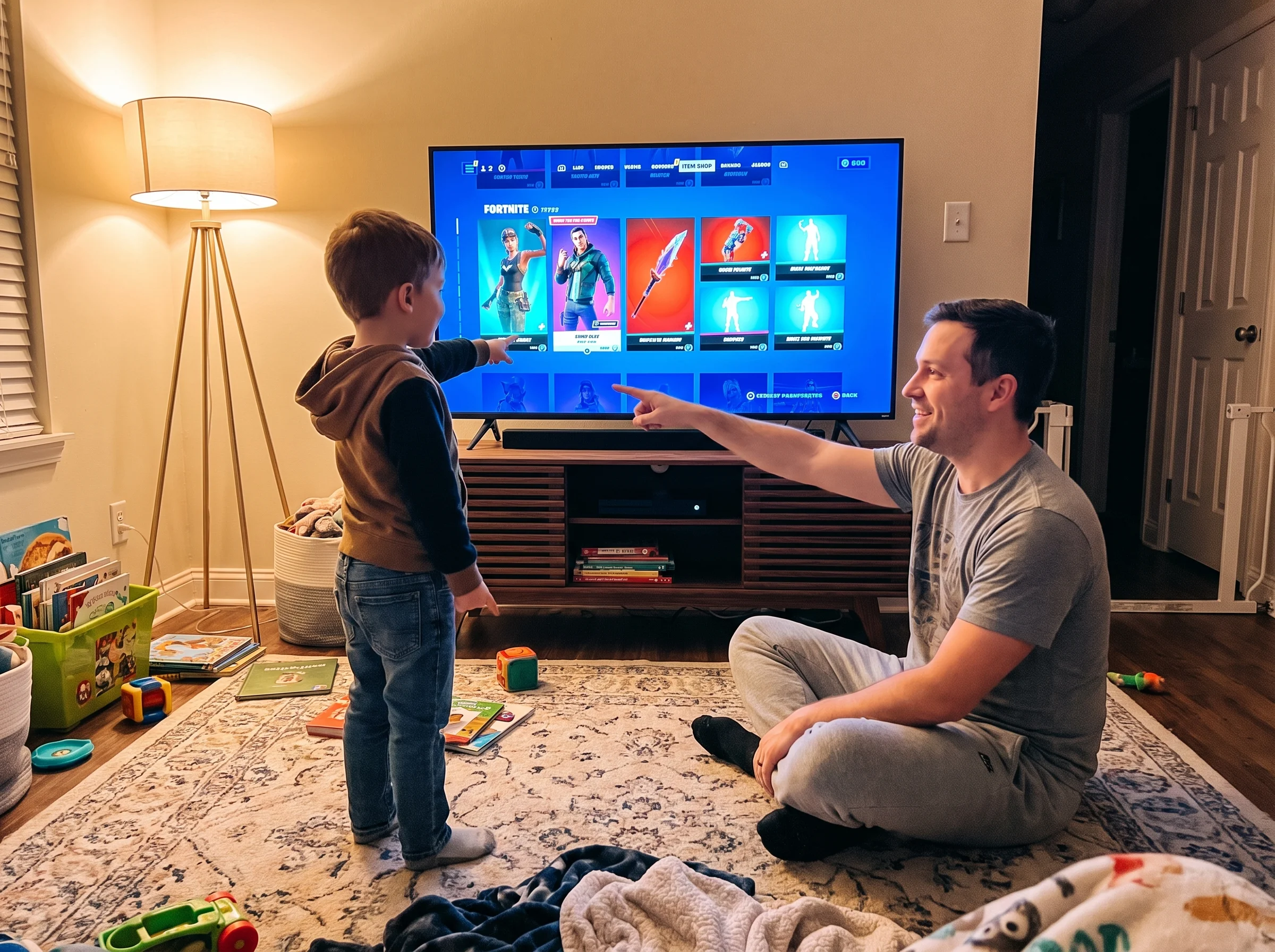 A kid showing his dad the Fortnite item shop on a TV screen, dad sitting on the floor cross-legged, both pointing at the scre