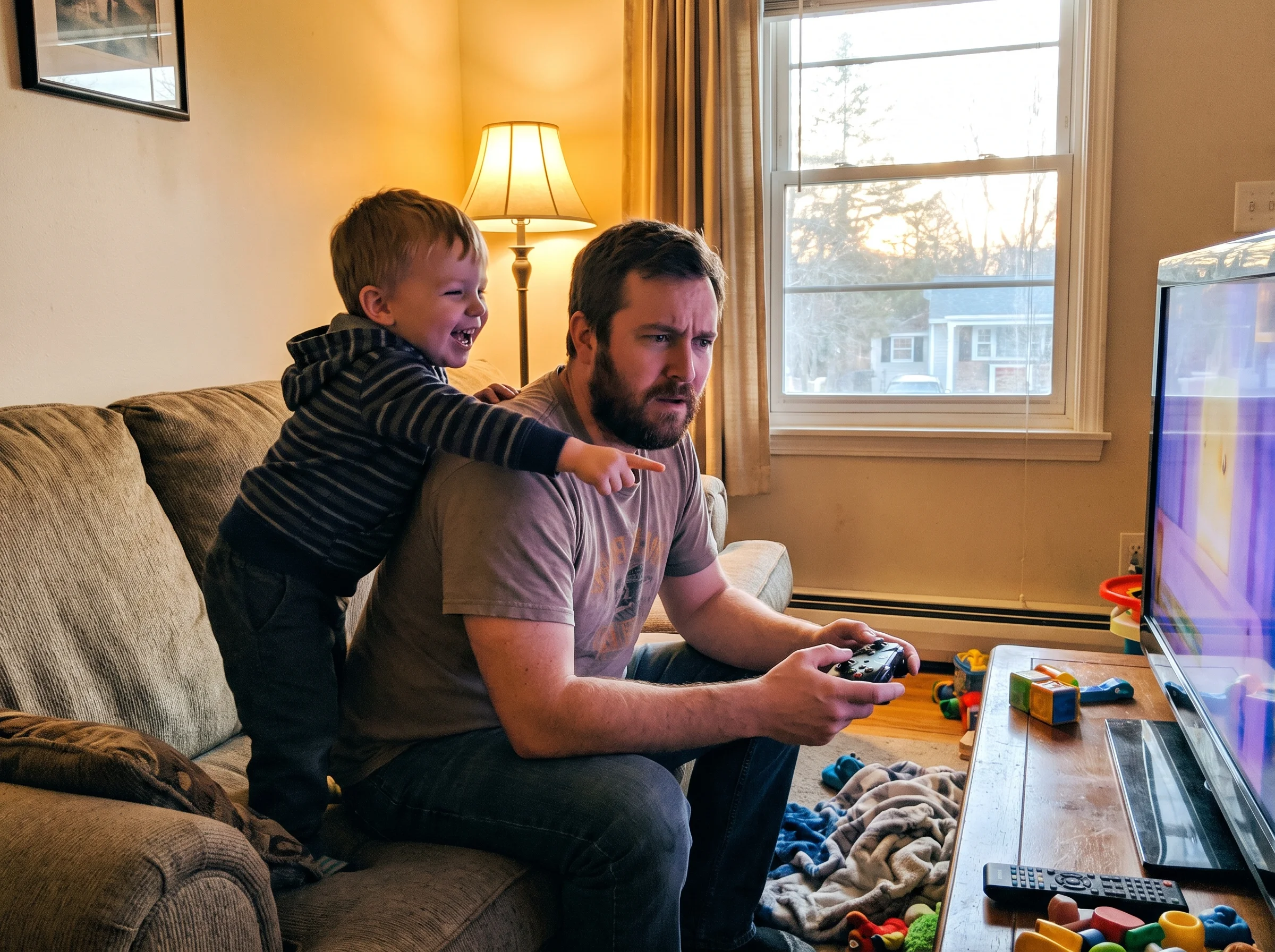 A dad holding a game controller awkwardly while his son leans in laughing and pointing at the screen, both sitting on a couch