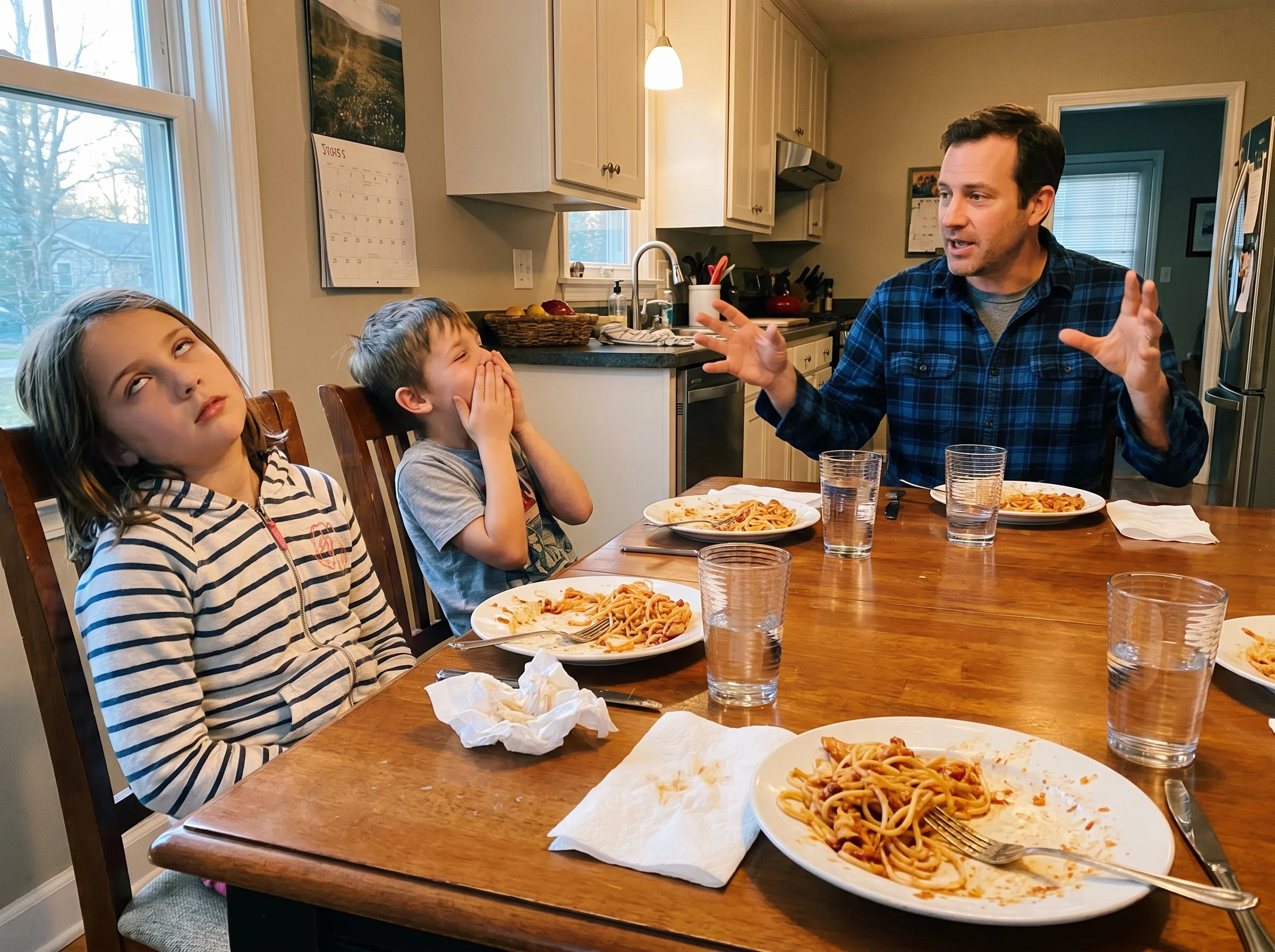 A kitchen dinner table with a half-eaten meal, dad mid-sentence with hands gesturing, two kids reacting with exaggerated eye-