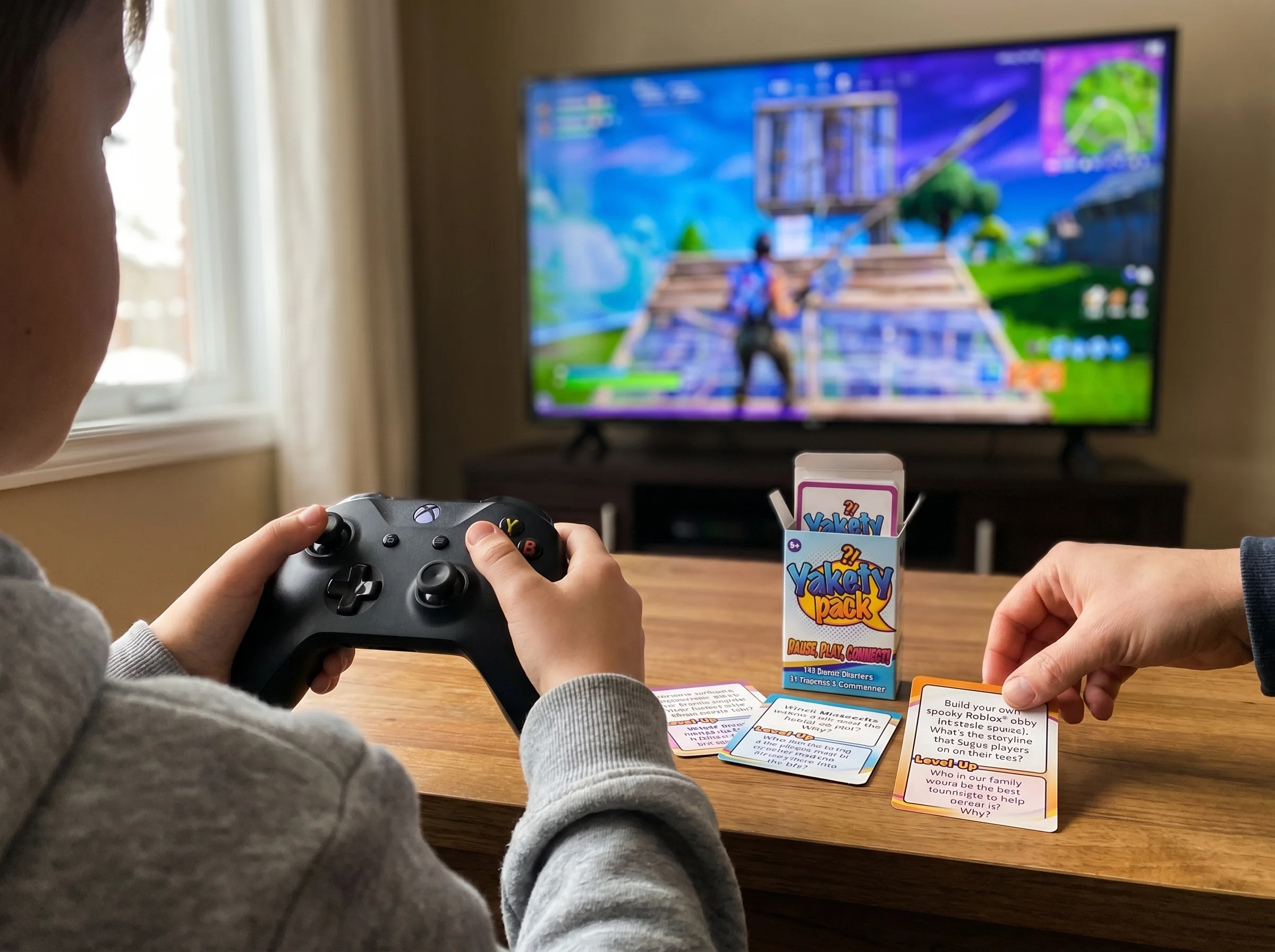 Close-up of a kid's hands on a game controller, TV screen blurred in background showing Fortnite gameplay, casual living room