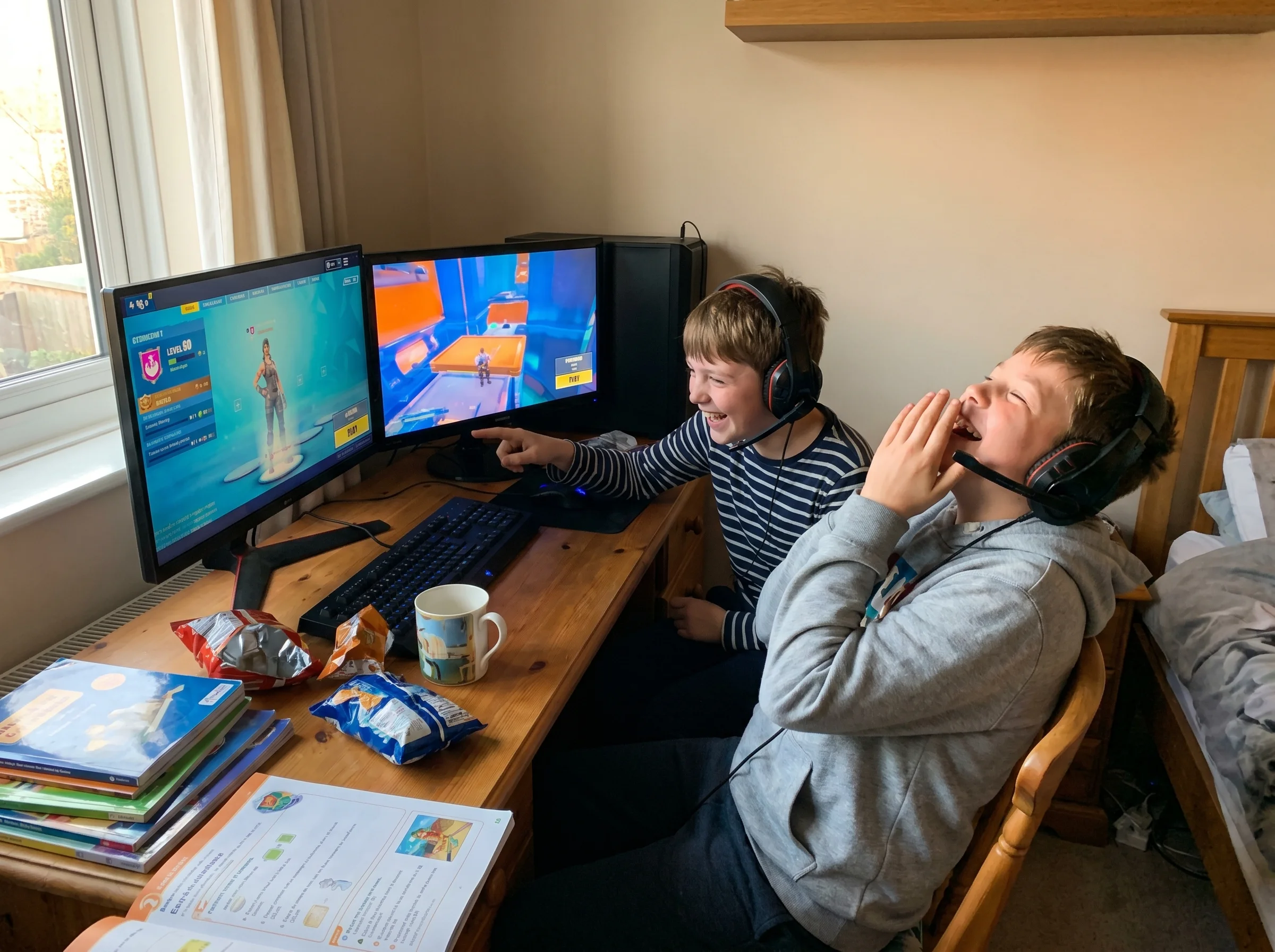 Two boys with headsets on sitting side by side at a desk, mid-laugh, monitors glowing in front of them, casual bedroom settin