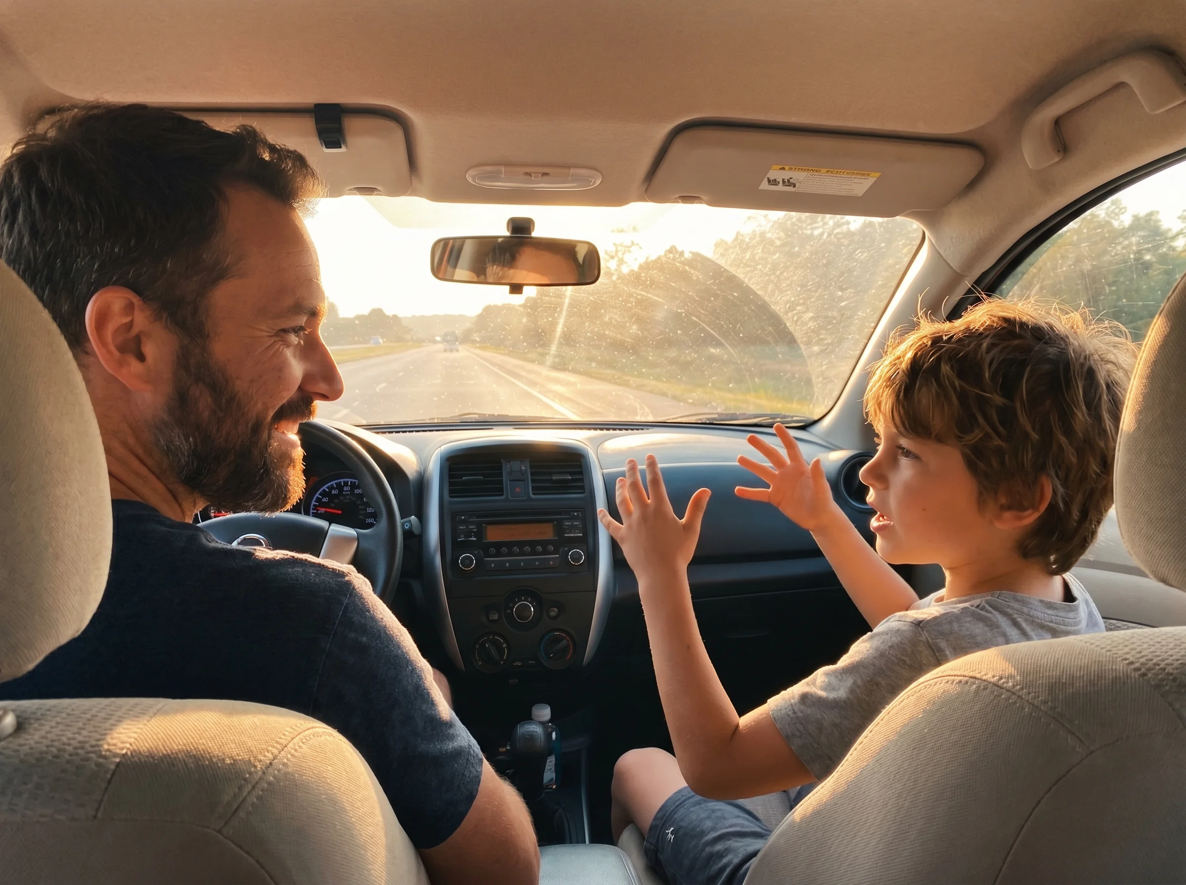 A dad driving with his son in the passenger seat, son talking animatedly with hands moving, dad smiling and listening, late a