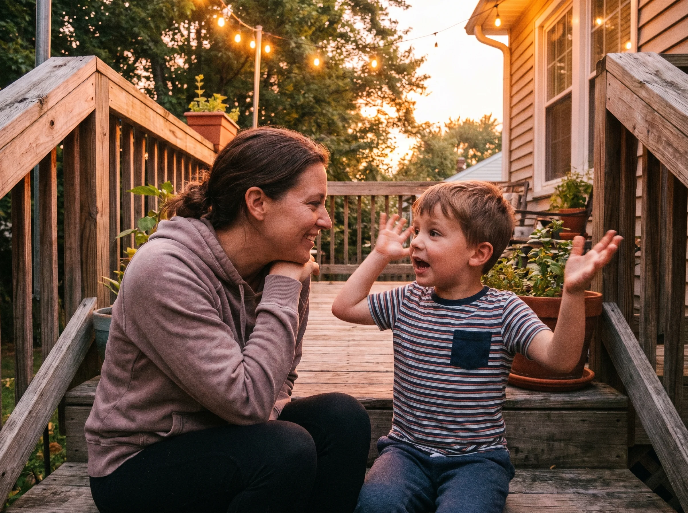 A parent and child sitting on the back porch steps at dusk, child mid-story with animated face, parent leaning in listening, 