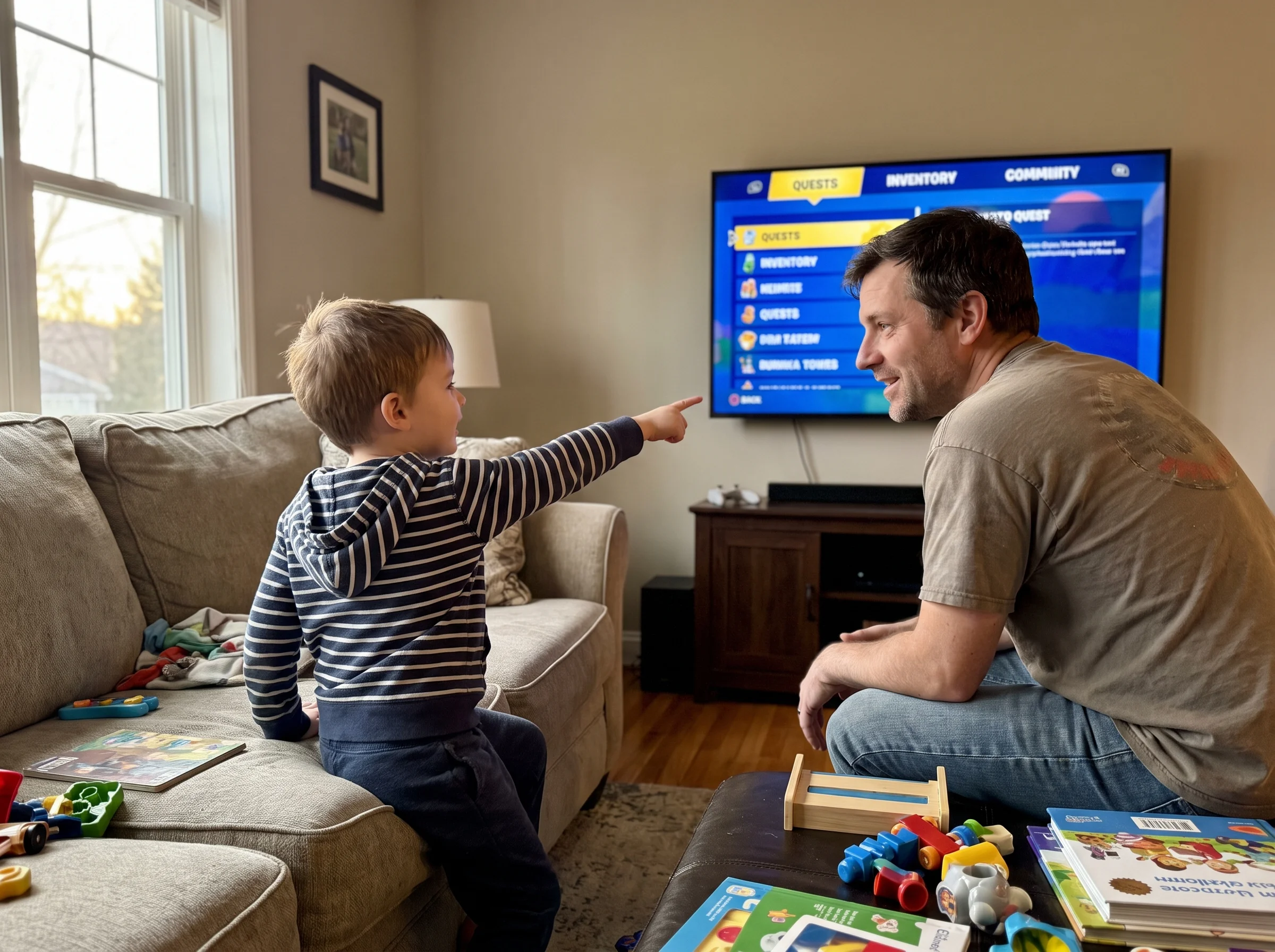 A kid pointing at the TV screen showing a game menu, explaining strategy to his dad who's leaning in listening, both on the c
