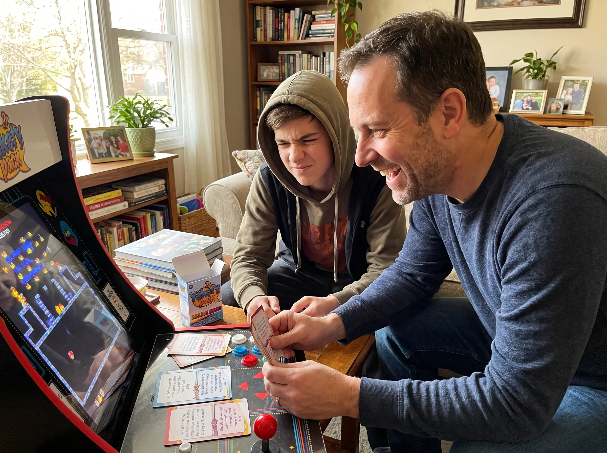 A dad and teen playing an old-school arcade game side-by-side at a home setup, with the dad grinning and the kid squinting at