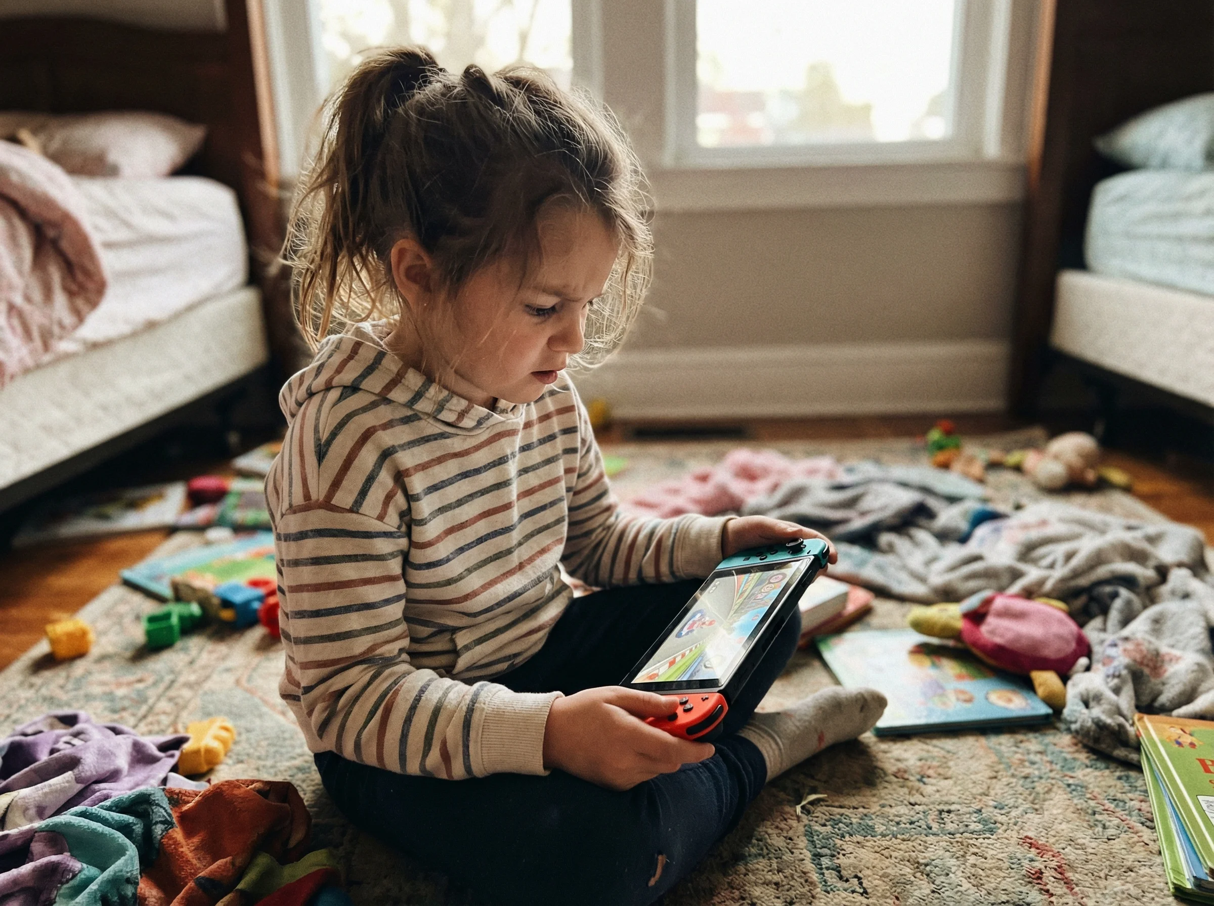 Young girl intensely focused on a Nintendo Switch, sitting cross-legged on bedroom floor with Mario Kart on screen, determina