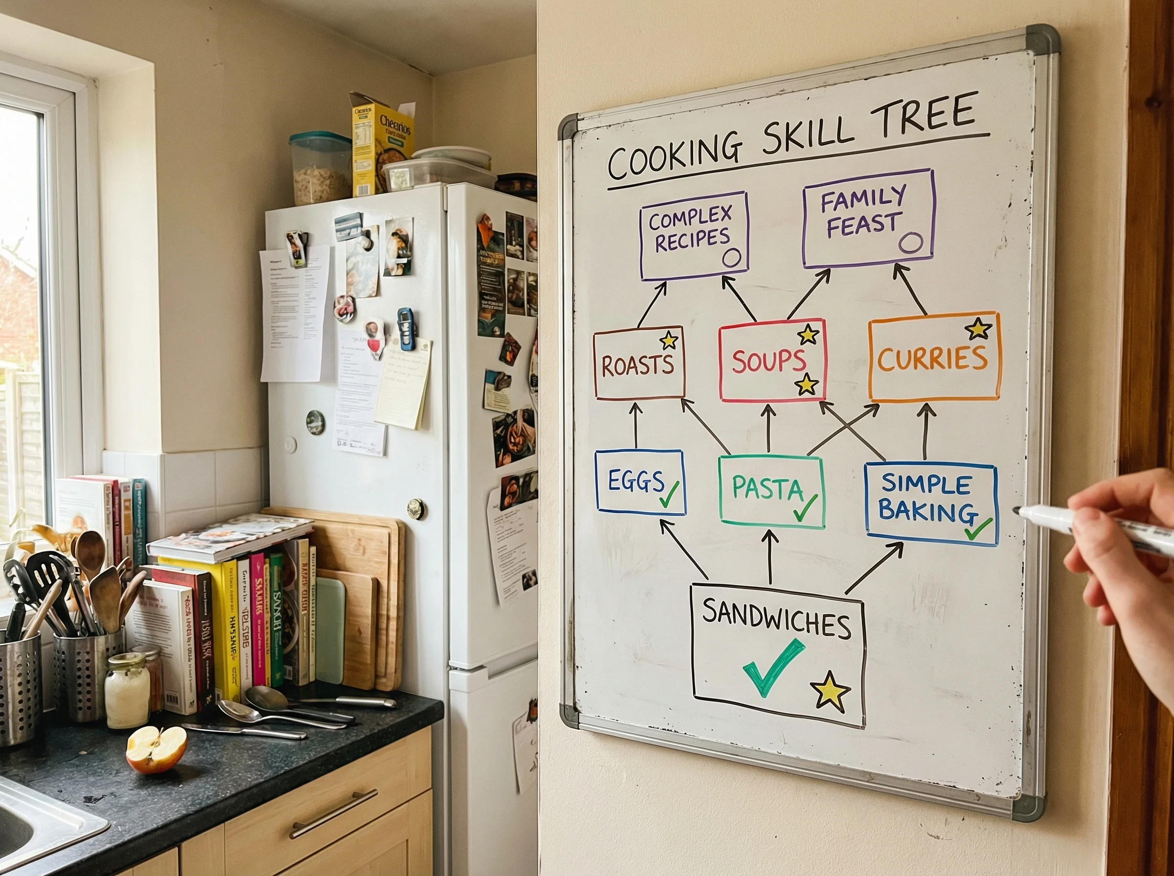 Kitchen whiteboard with hand-drawn skill tree for cooking, showing progression from sandwiches to complex recipes, with check