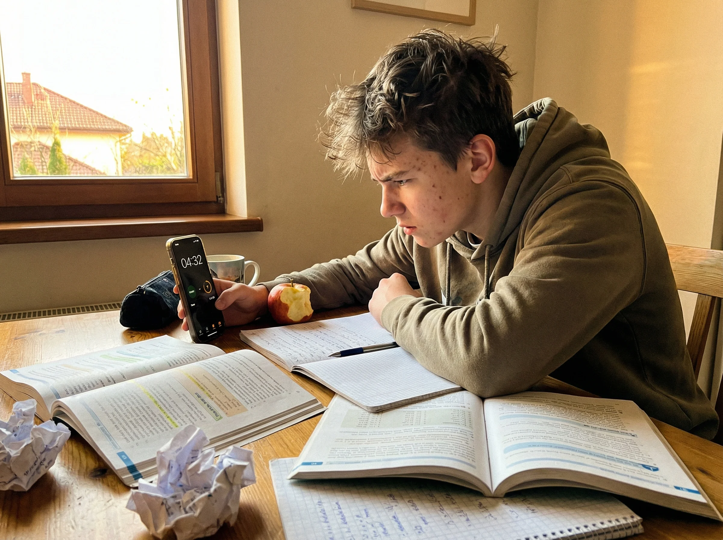 Teen boy at desk with homework spread out, timer visible on phone, concentration on face as he races to beat his previous tim