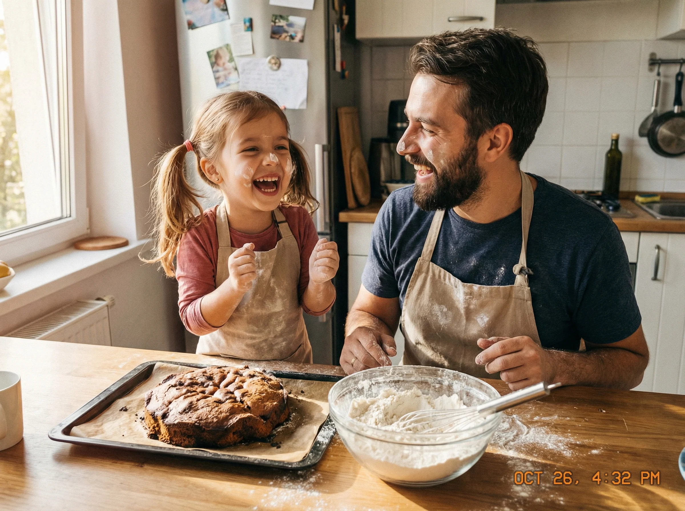 Dad and daughter laughing together in kitchen, flour on their faces, failed cooking attempt visible but both clearly having f