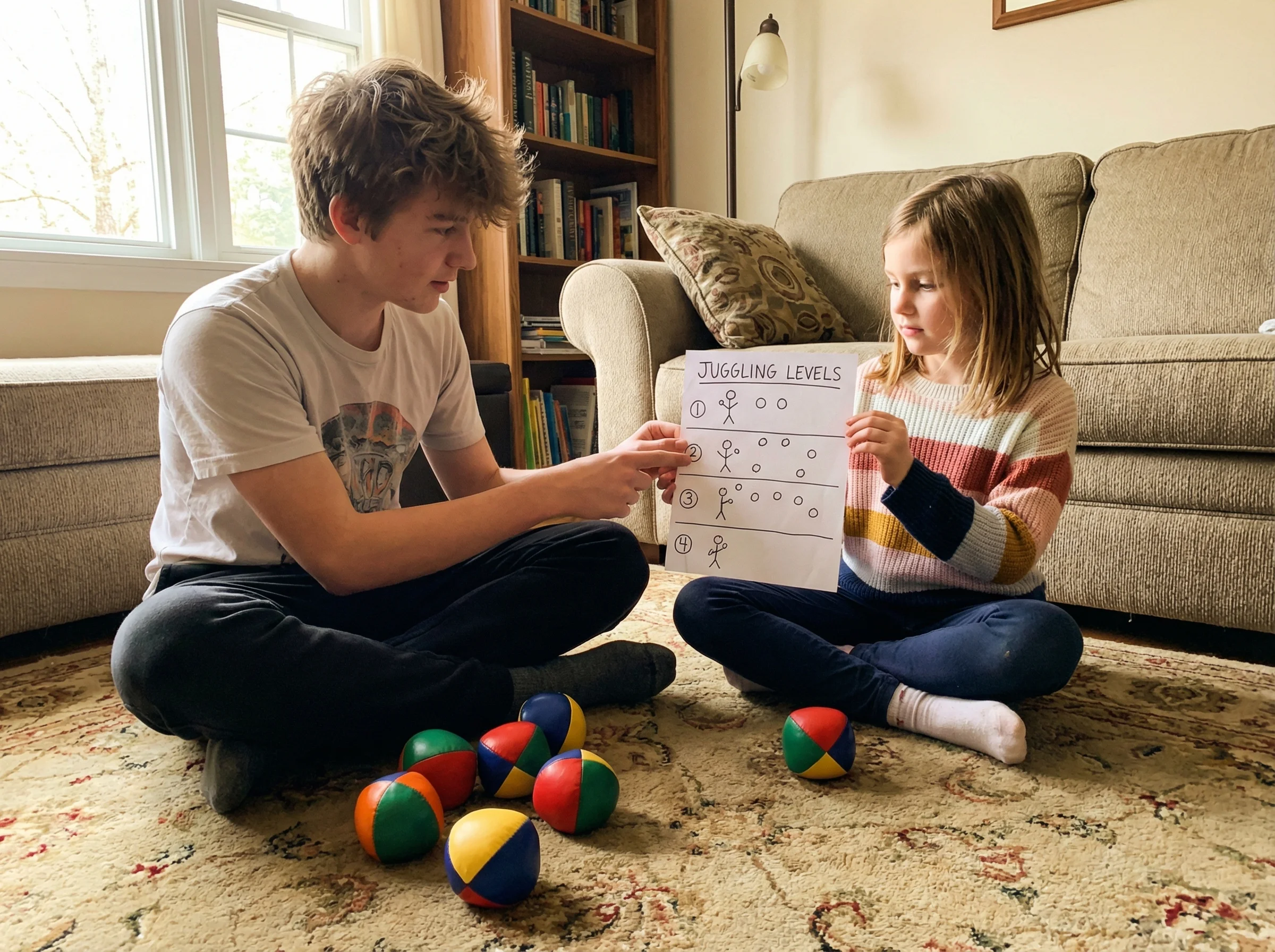 Two siblings sitting on living room carpet, older brother showing younger sister a hand-drawn chart with juggling progression