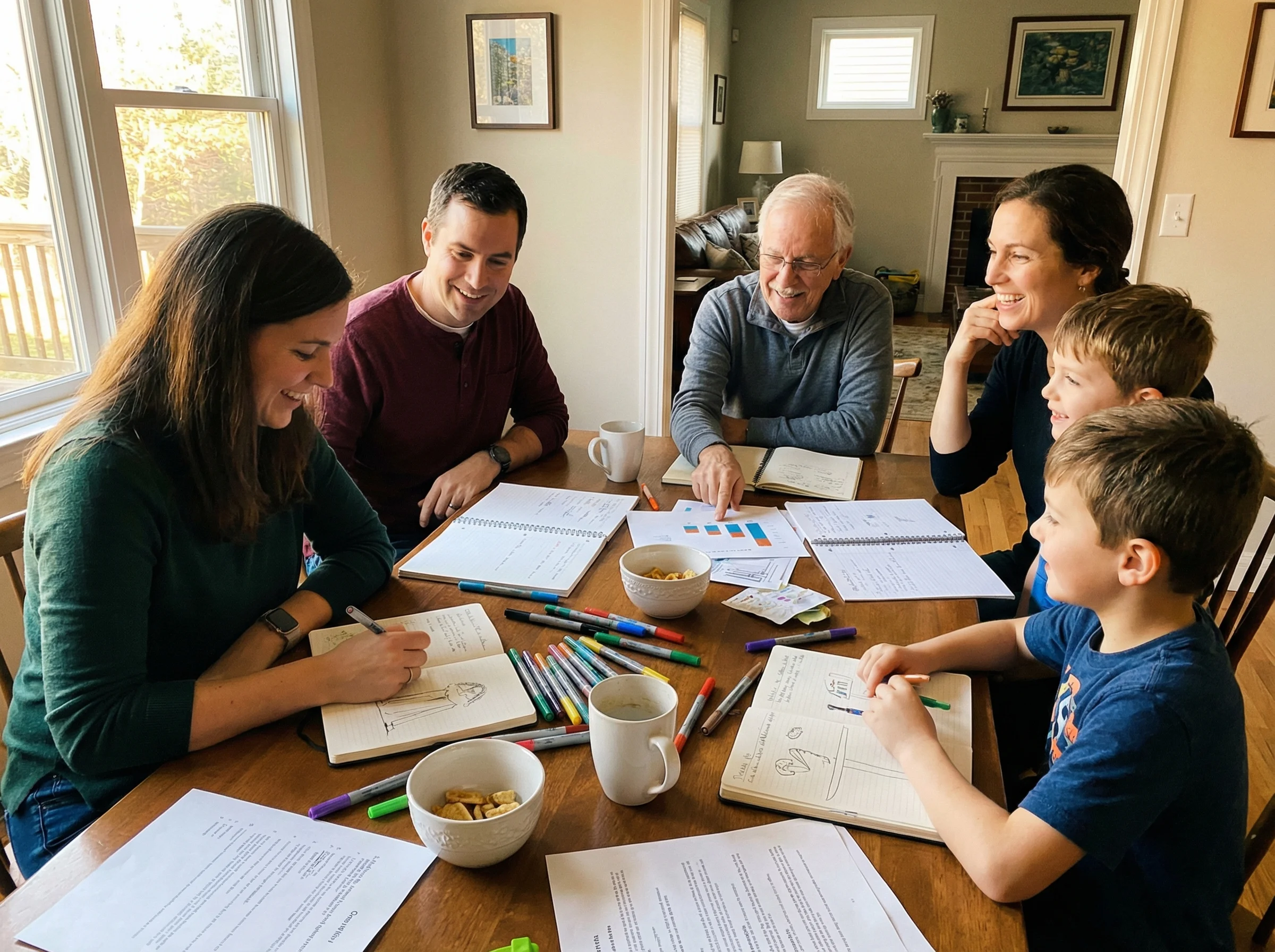 Family gathered around dining table, notebooks and markers spread out, everyone engaged in drawing and planning their persona