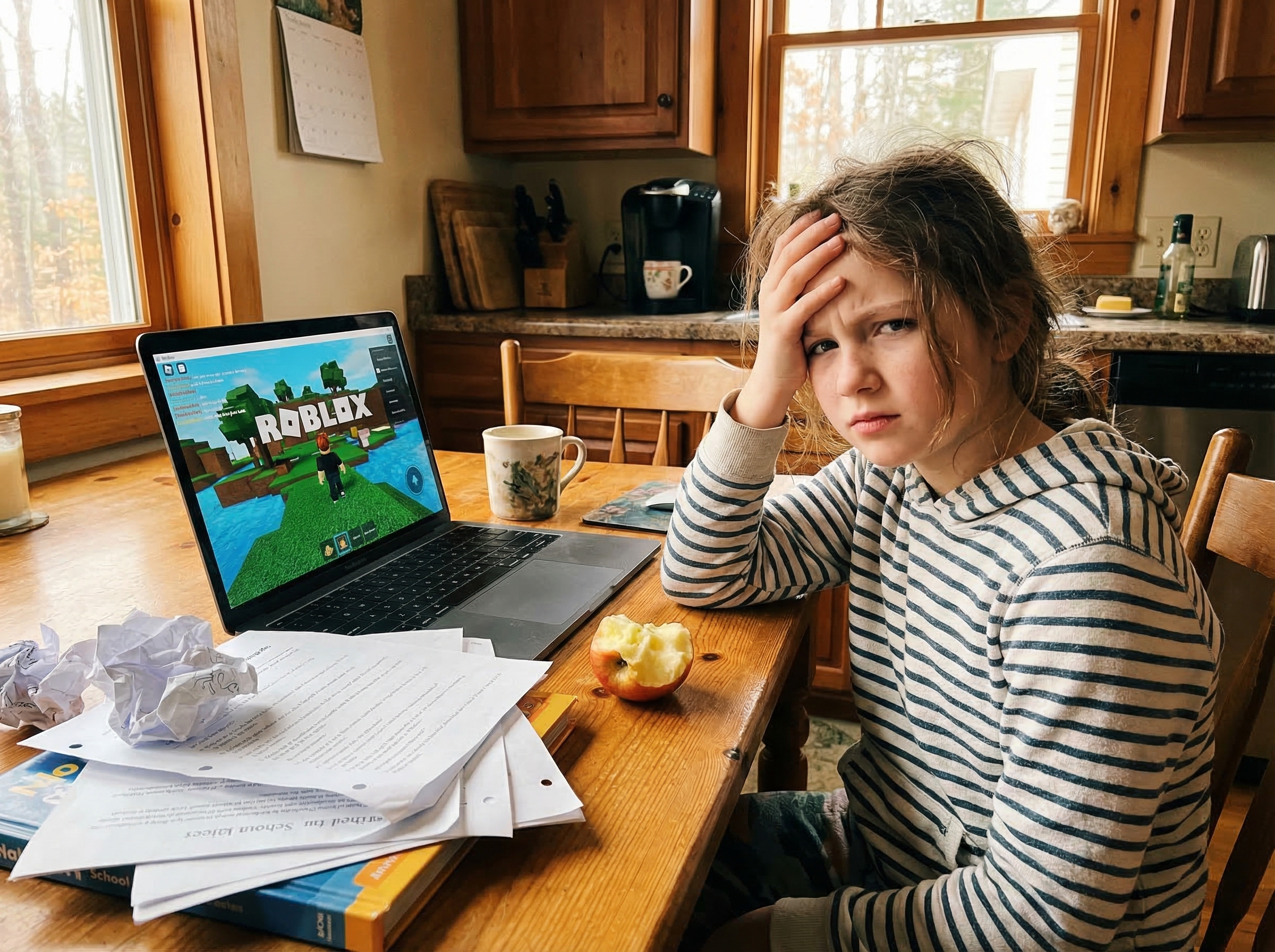 Young girl at kitchen table with laptop showing Roblox game, genuine frustrated expression on her face, homework papers pushe