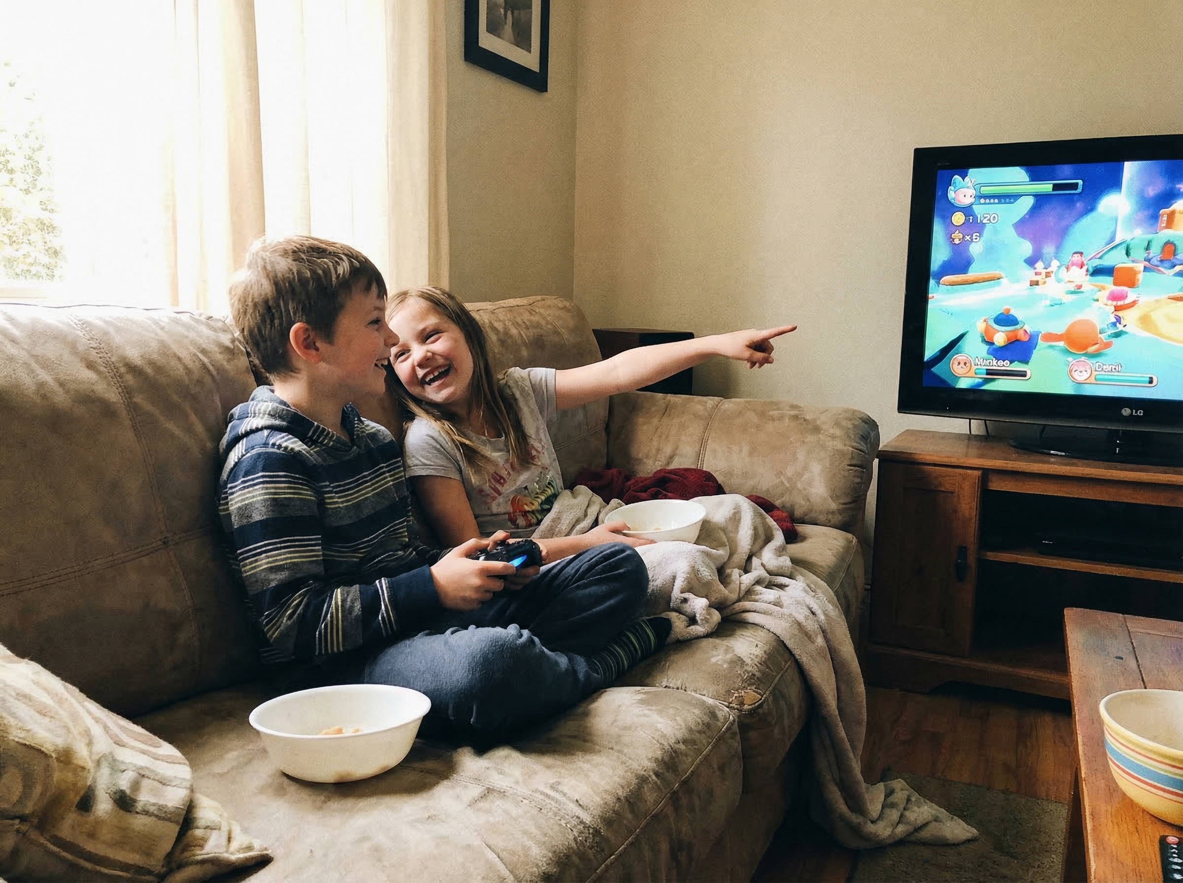 Two kids on couch, one holding controller while the other points at screen excitedly, both engaged in collaborative gaming mo