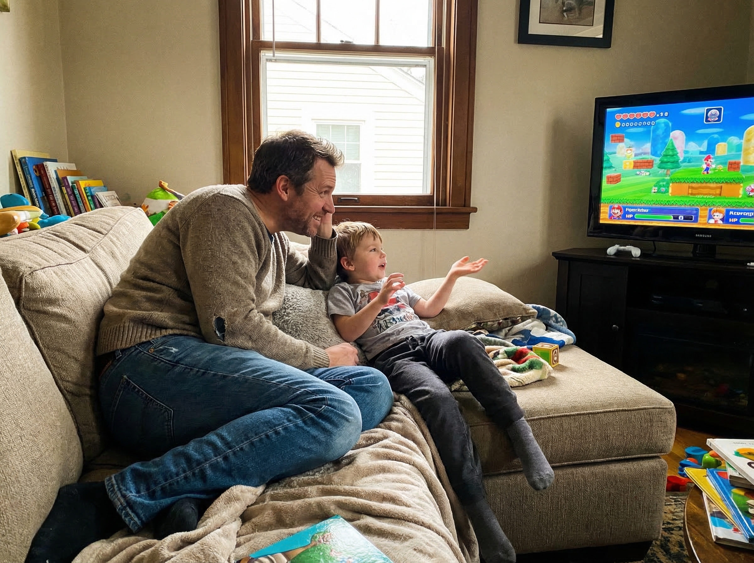 Parent and child sitting side by side on couch, parent listening intently while child explains something about the game on sc